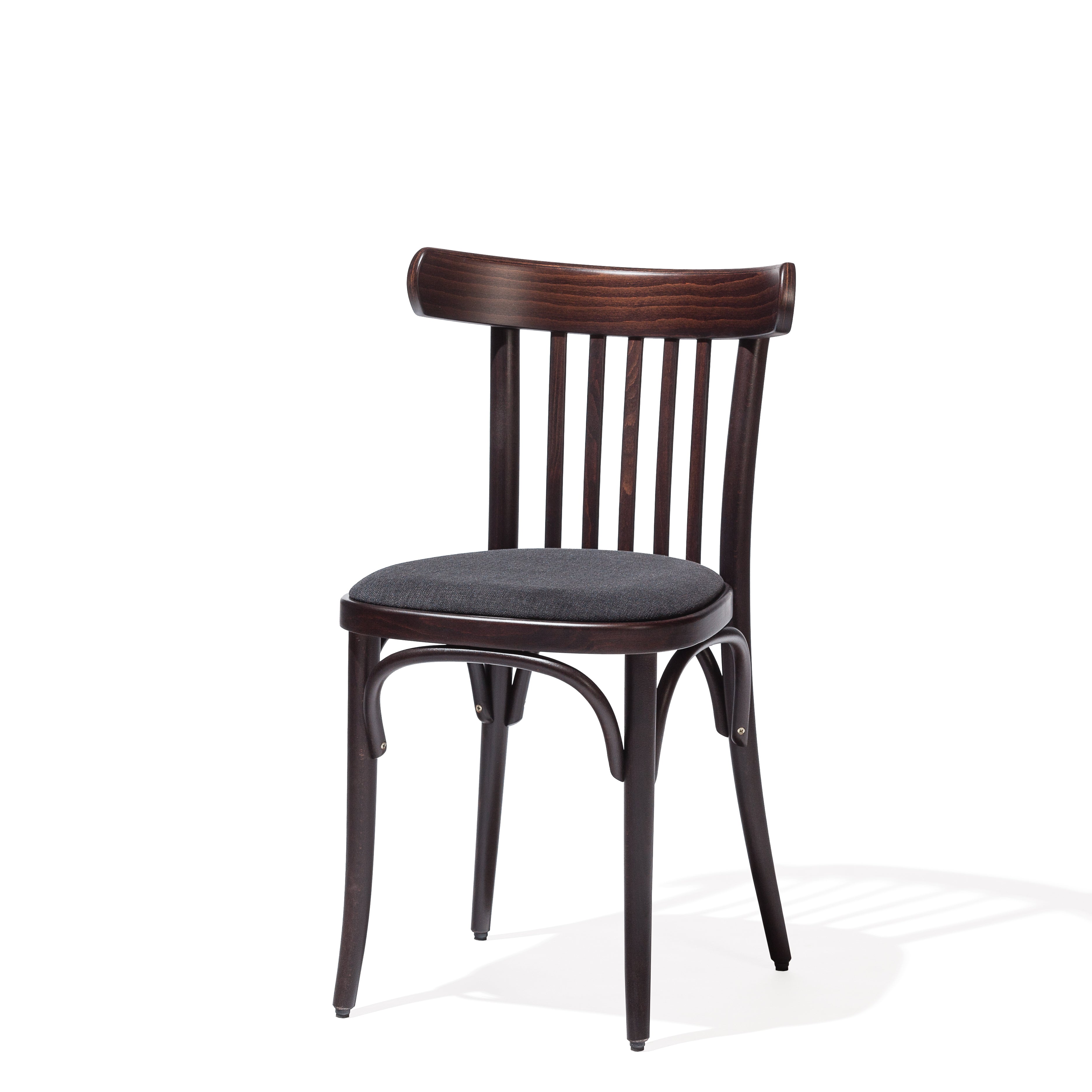 TONs Chair 763, made from dark beech wood, showcases a curved backrest with five vertical slats. It has a round, cushioned seat in dark fabric and four slightly curved legs, making it perfect for modern interiors with an elegant shadow on a white background.