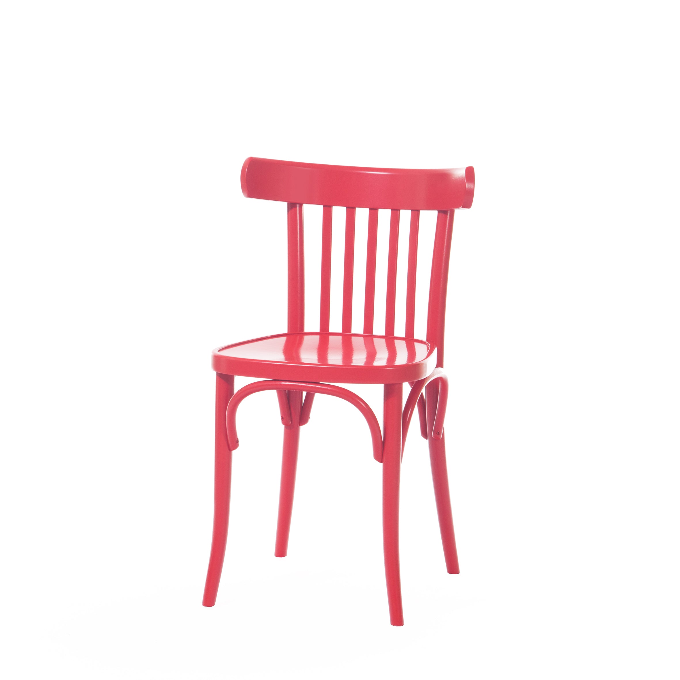 A vibrant red Chair 763 by TON, made from Beech with a slatted backrest and curved legs, is shown on a plain white background. The elegant design features decorative scrollwork under the seat, reminiscent of the classic TON A chair, ideal for modern interiors.