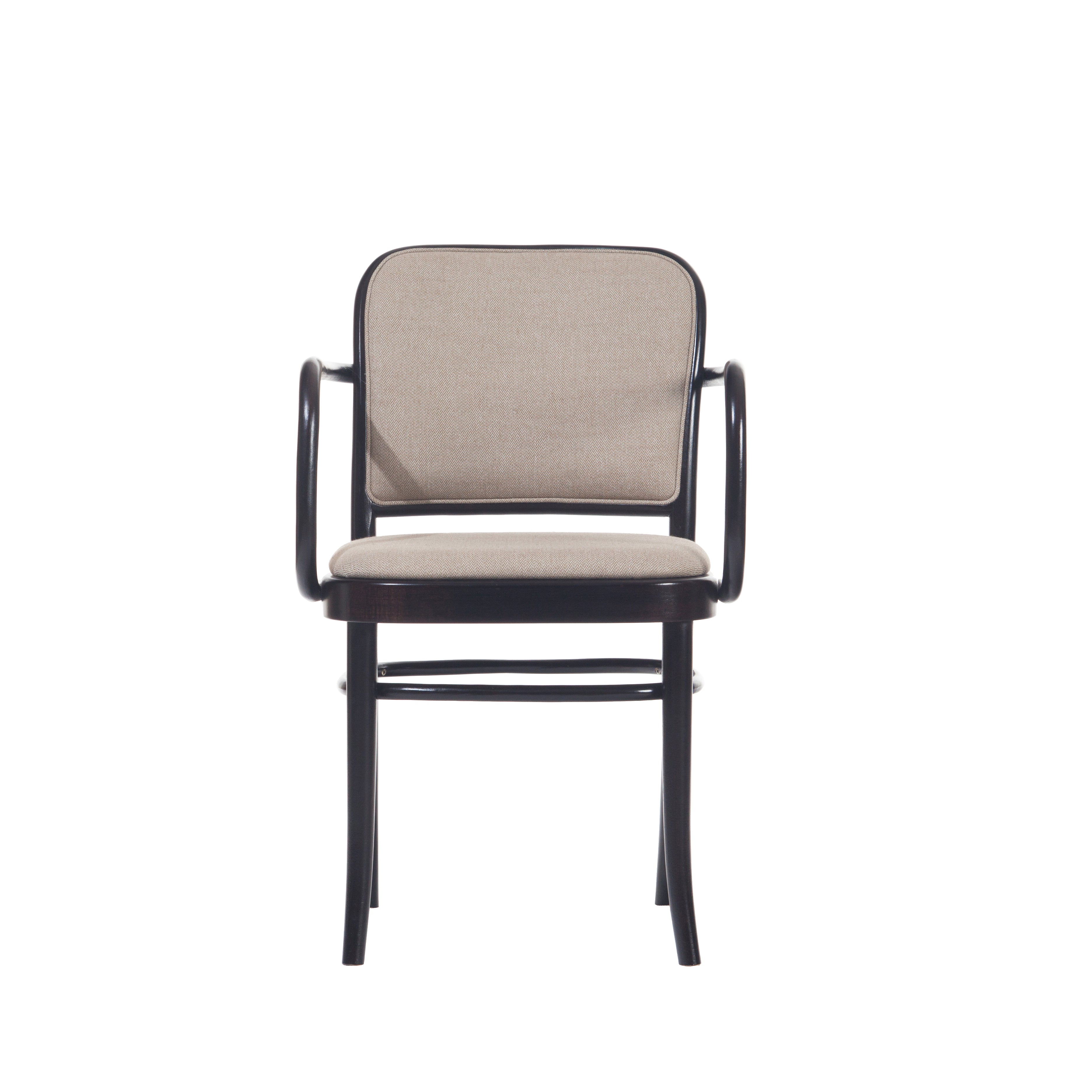 The Armchair 811 by TON features a front-facing view of its beige cushions on a black metal frame with armrests, showcasing a simple, modern design reminiscent of Josef Hoffmanns style. Ideal for various settings, it subtly hints at Art Nouveau elegance.
