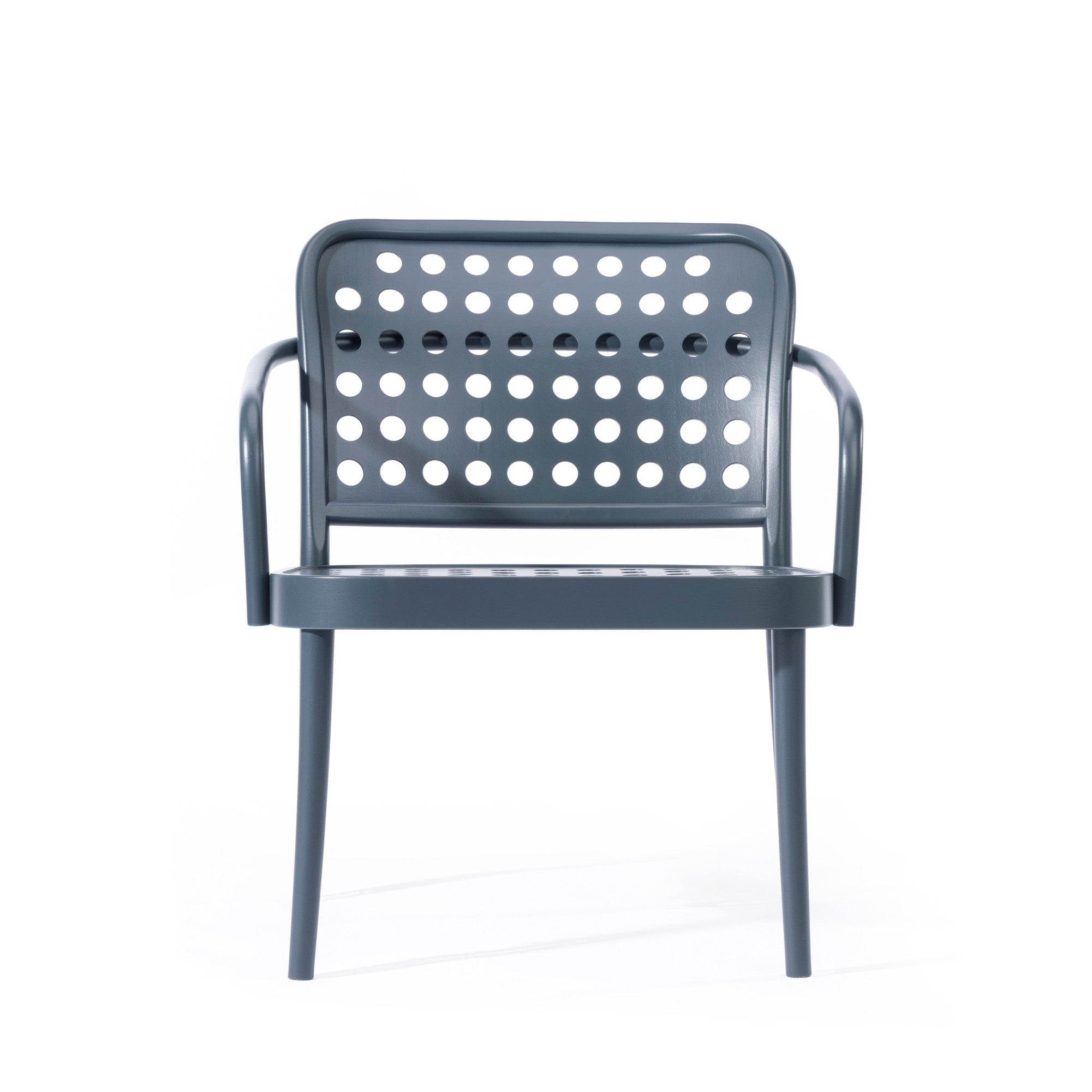 The Lounge Armchair 822 by TON is a dark gray metal chair with Scandinavian minimalism, featuring a perforated circular pattern on the backrest and seat. It has armrests and four legs, designed in a style reminiscent of Claesson Koivisto Rune, set against a plain white background.