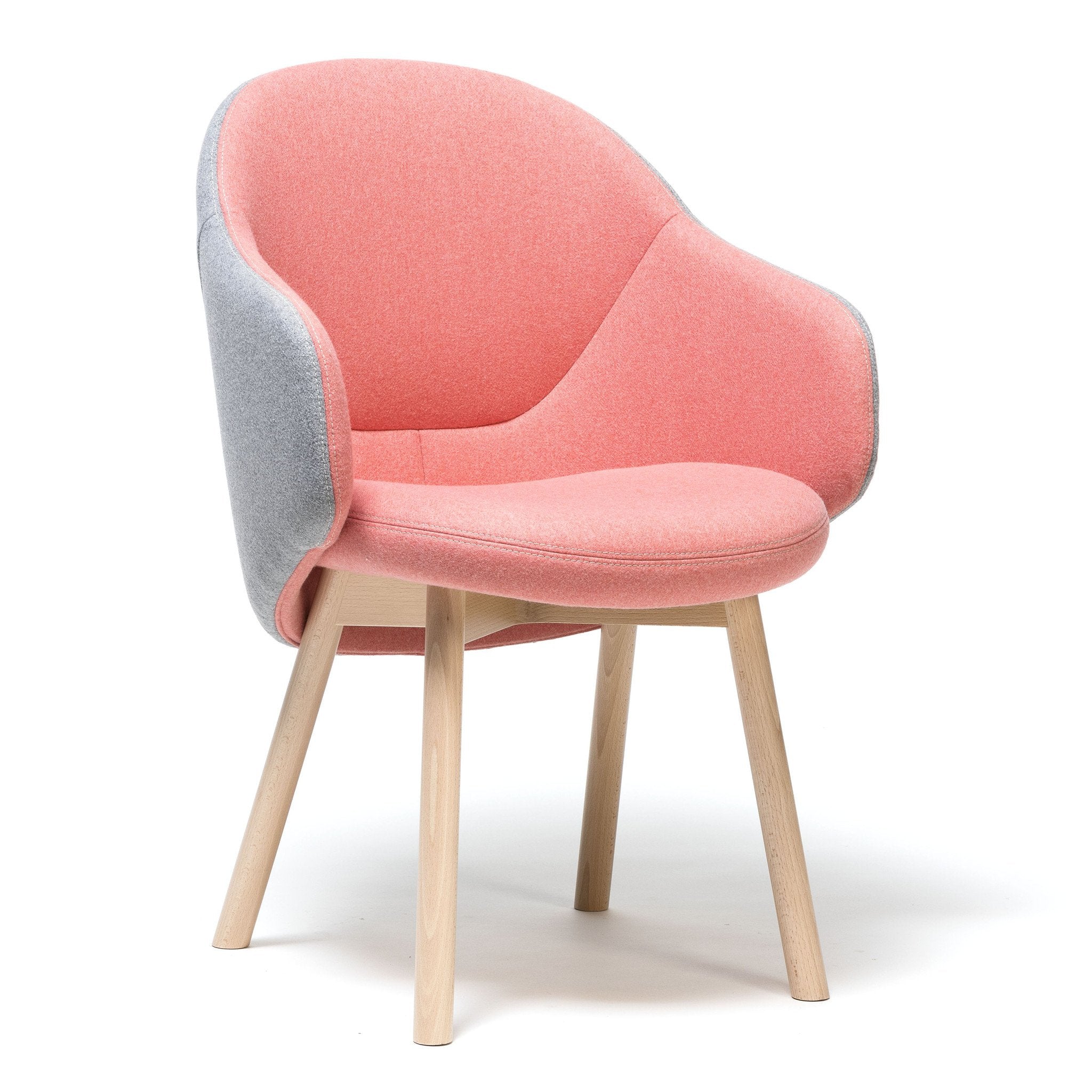 The Armchair Albu - Sale by TON is a stylish modern piece with high-quality pink and gray upholstery, an ergonomic curved backrest, and elegant light wooden legs against a white backdrop.