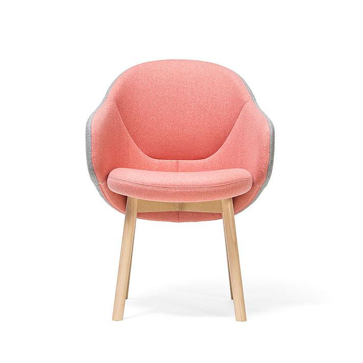 Explore the ergonomic design of the Armchair Albu - Sale by TON, featuring a soft pink curved seat with premium upholstery. Light gray accents and light wooden legs complete the look, beautifully set against a plain white background.