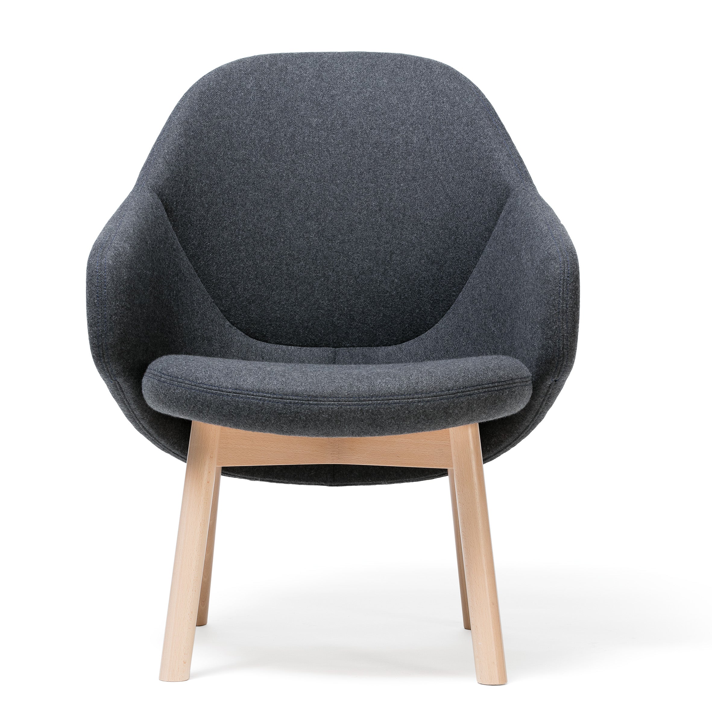 The Lounge Armchair Albu by TON is a modern piece with a sleek, rounded design. It features a dark gray cushioned seat and backrest, light wood legs, ergonomic comfort, and minimalist style on a white background.