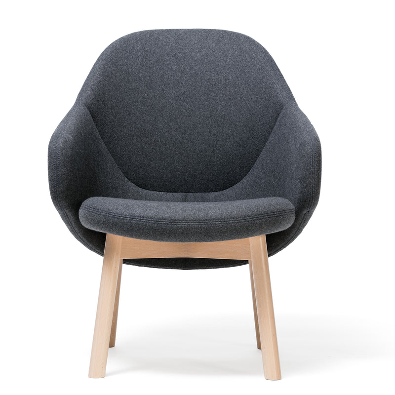 The Lounge Armchair Albu by TON is a modern piece with a sleek, rounded design. It features a dark gray cushioned seat and backrest, light wood legs, ergonomic comfort, and minimalist style on a white background.