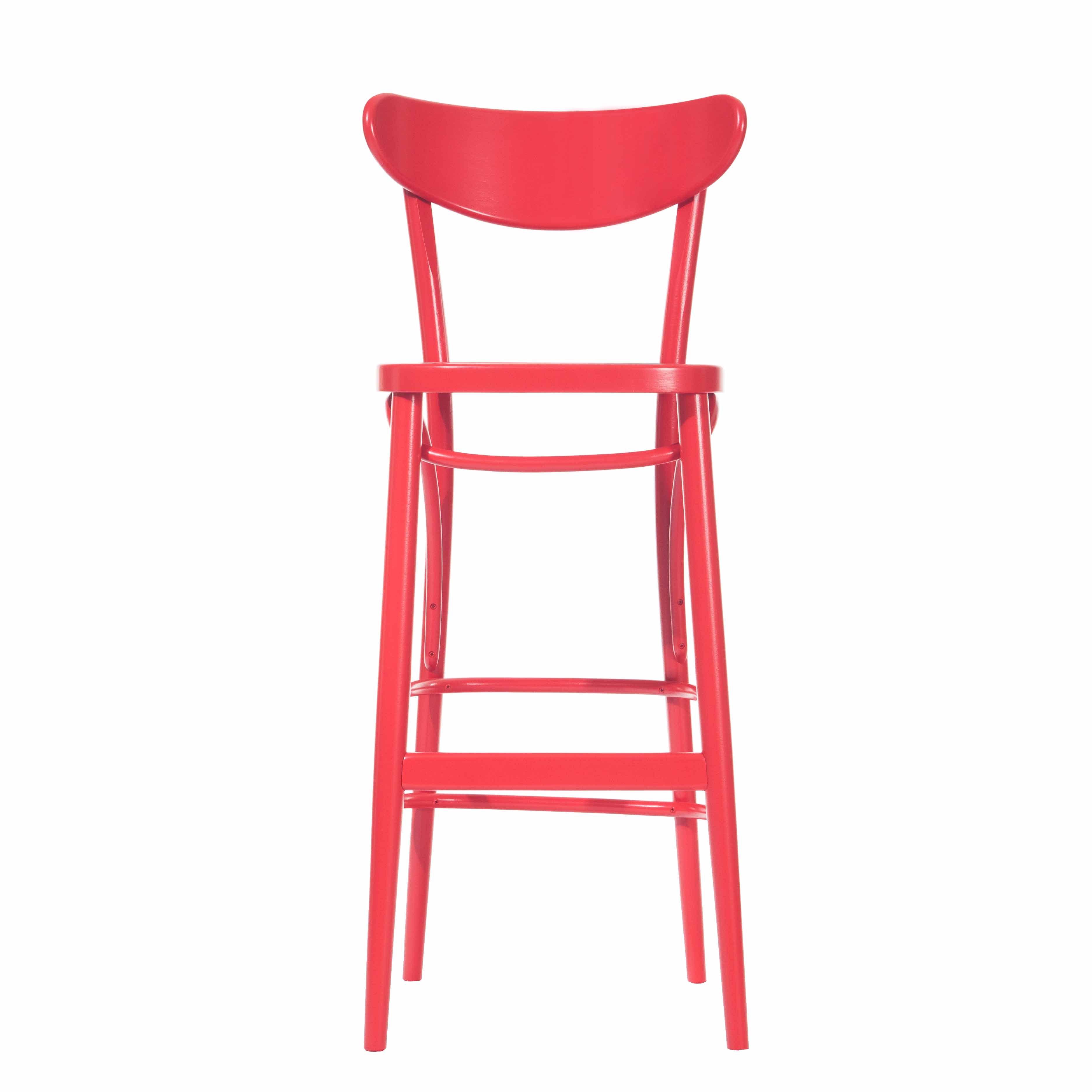 The Barstool Banana by TON features a vibrant red hue, a high backrest, and footrest. It boasts sturdy support from its beech frame and offers comfort with its upholstered seat, all set against a plain white background.