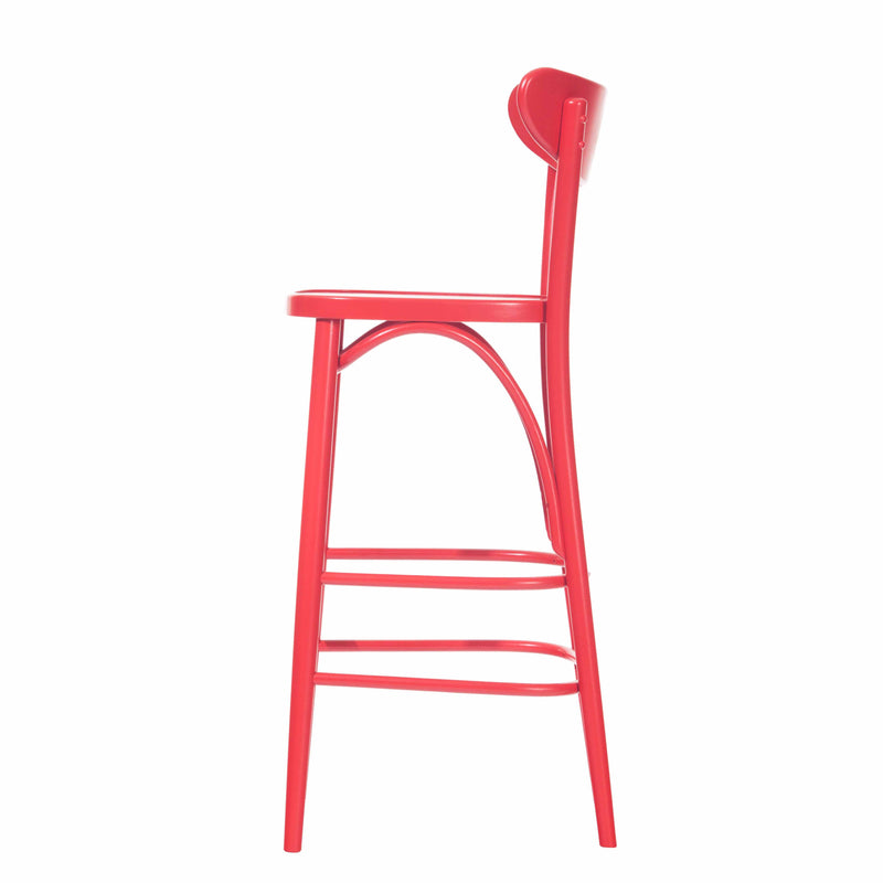 The Barstool Banana by TON features a red metal design with a curved backrest, footrest, and sleek minimalist lines. Its upholstered seat offers comfort and style on a plain white background.