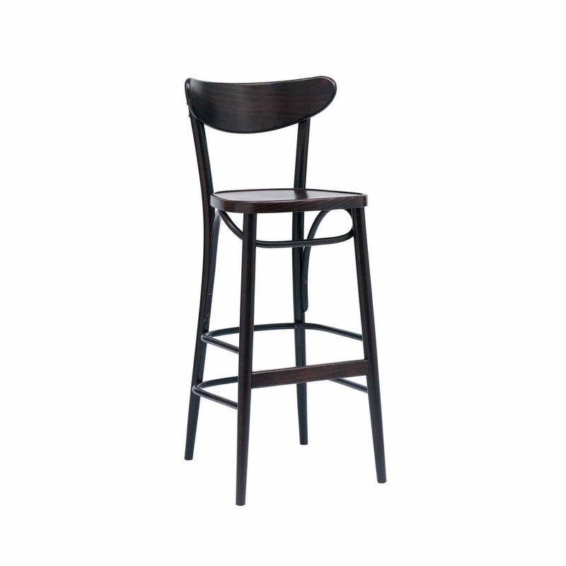 The Barstool Banana by TON is a sleek, modern piece with a dark wood finish, upholstered seat, curved backrest, and four slender legs connected by support bars.