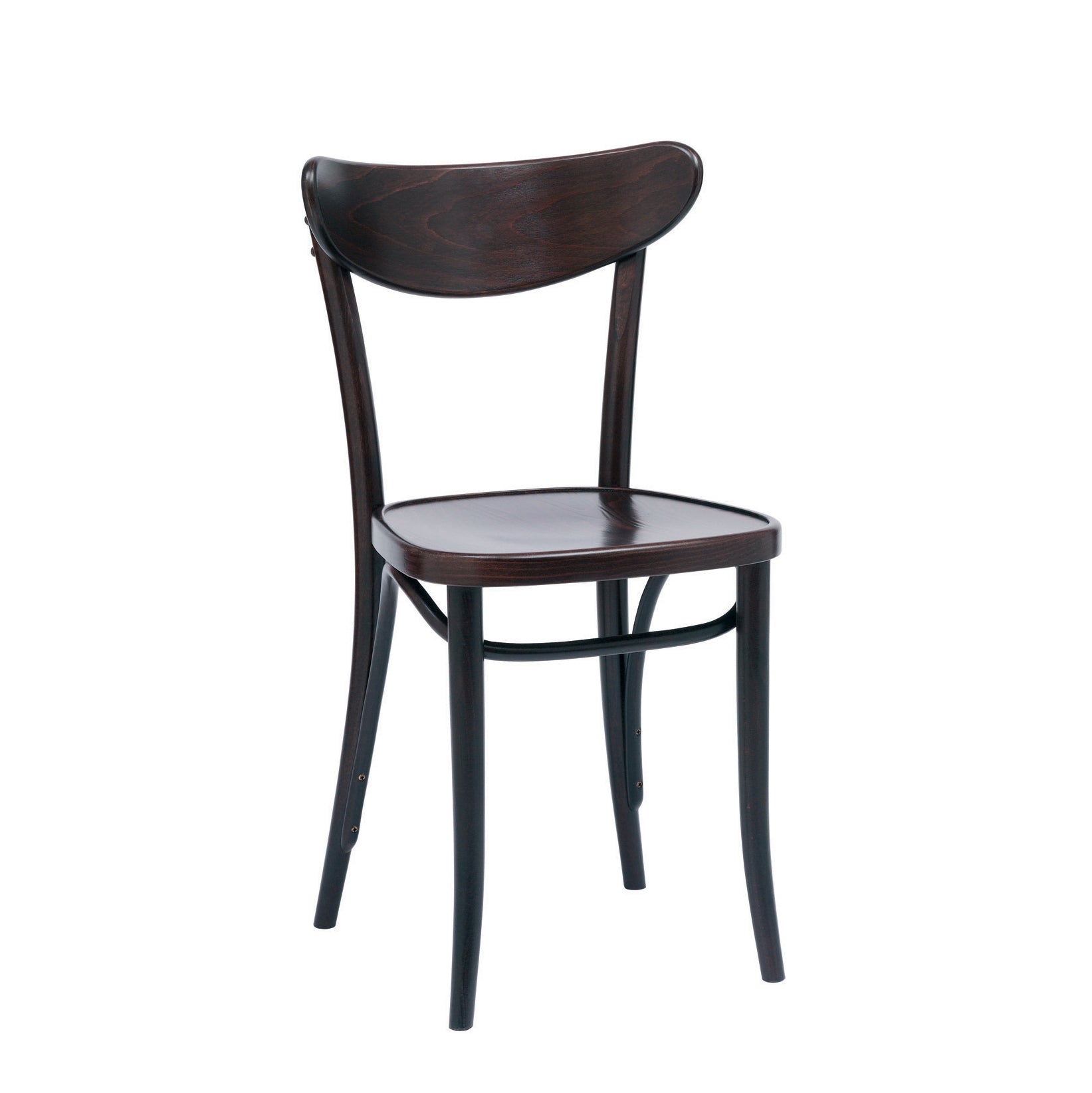 The Chair Banana by TON features a dark finish, curved plywood backrest, and simple design. With four slender legs and a flat seat, it showcases classic minimalism.