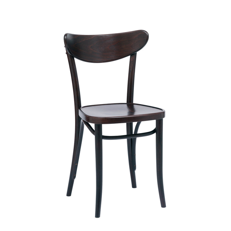 The Chair Banana by TON features a dark finish, curved plywood backrest, and simple design. With four slender legs and a flat seat, it showcases classic minimalism.