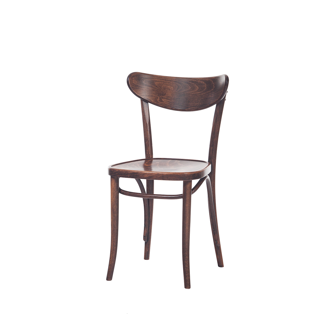 The Chair Banana by TON features a simple, elegant design with a curved backrest and four tapered legs. The seat and plywood backrest boast a rich, dark finish that highlights the wood grain, making it perfect for dining or casual seating, reminiscent of the classic bentwood chair.