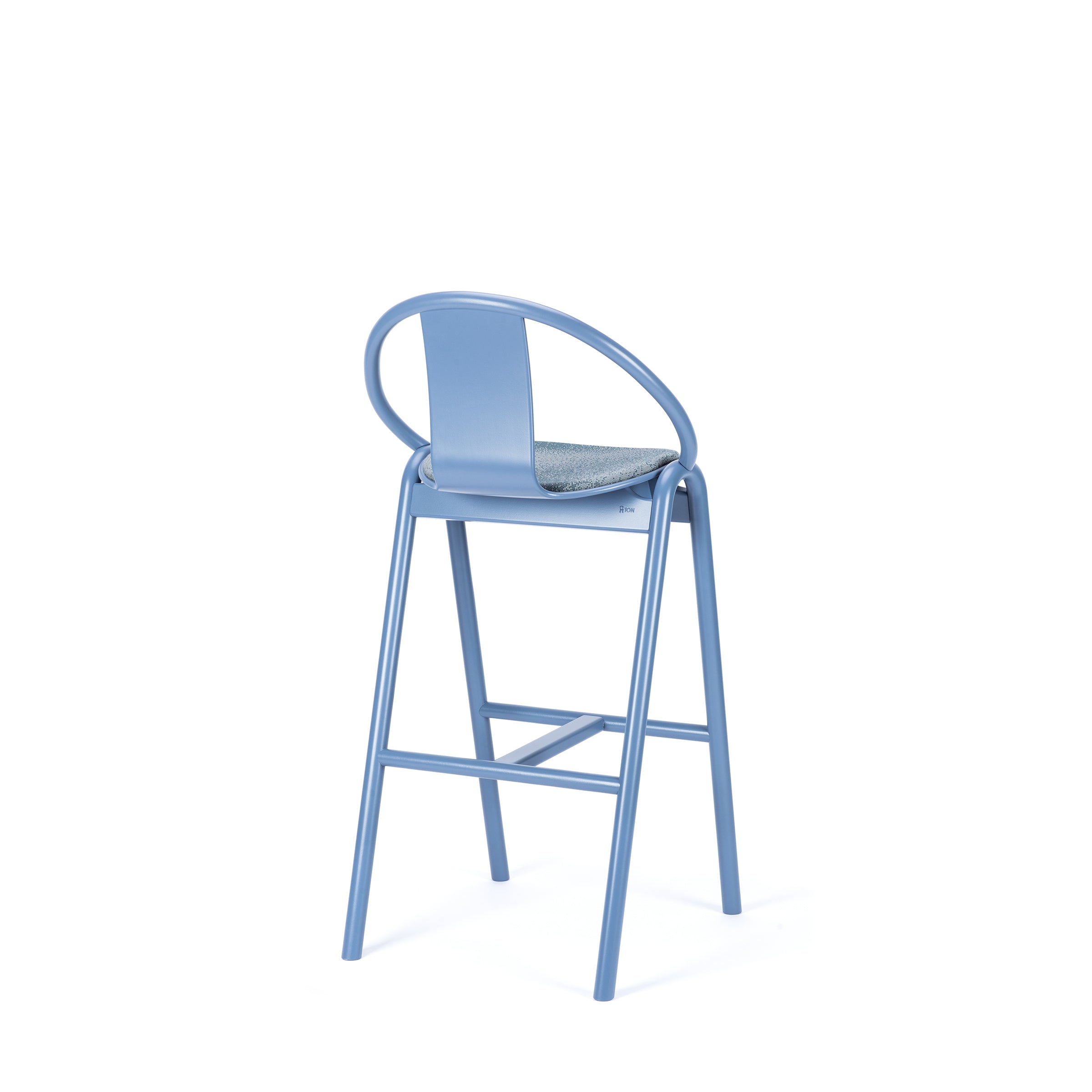 The Barstool Again Upholstered by TON is a handcrafted piece in powder blue with a curved, open backrest and round cushioned seat. It features four legs with a footrest and boasts a modern, minimalistic design.