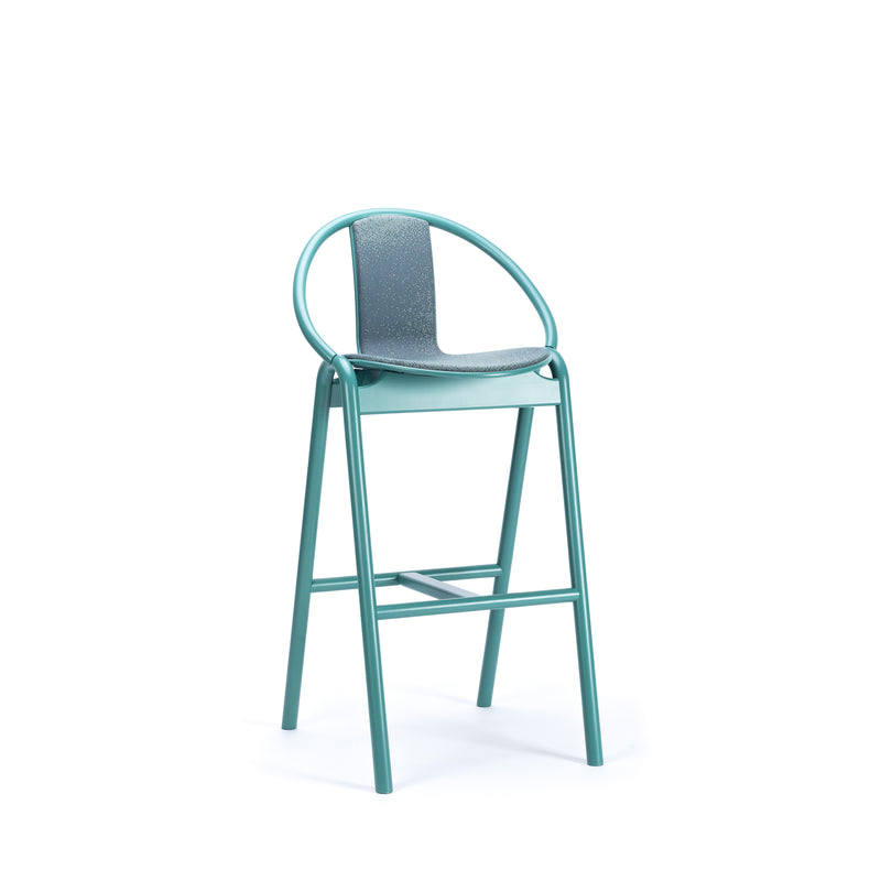 The Barstool Again Upholstered by TON is a teal piece with a rounded back and gray seat, crafted from solid wood. Its sleek legs and minimalist design add elegance, displayed against a white background.