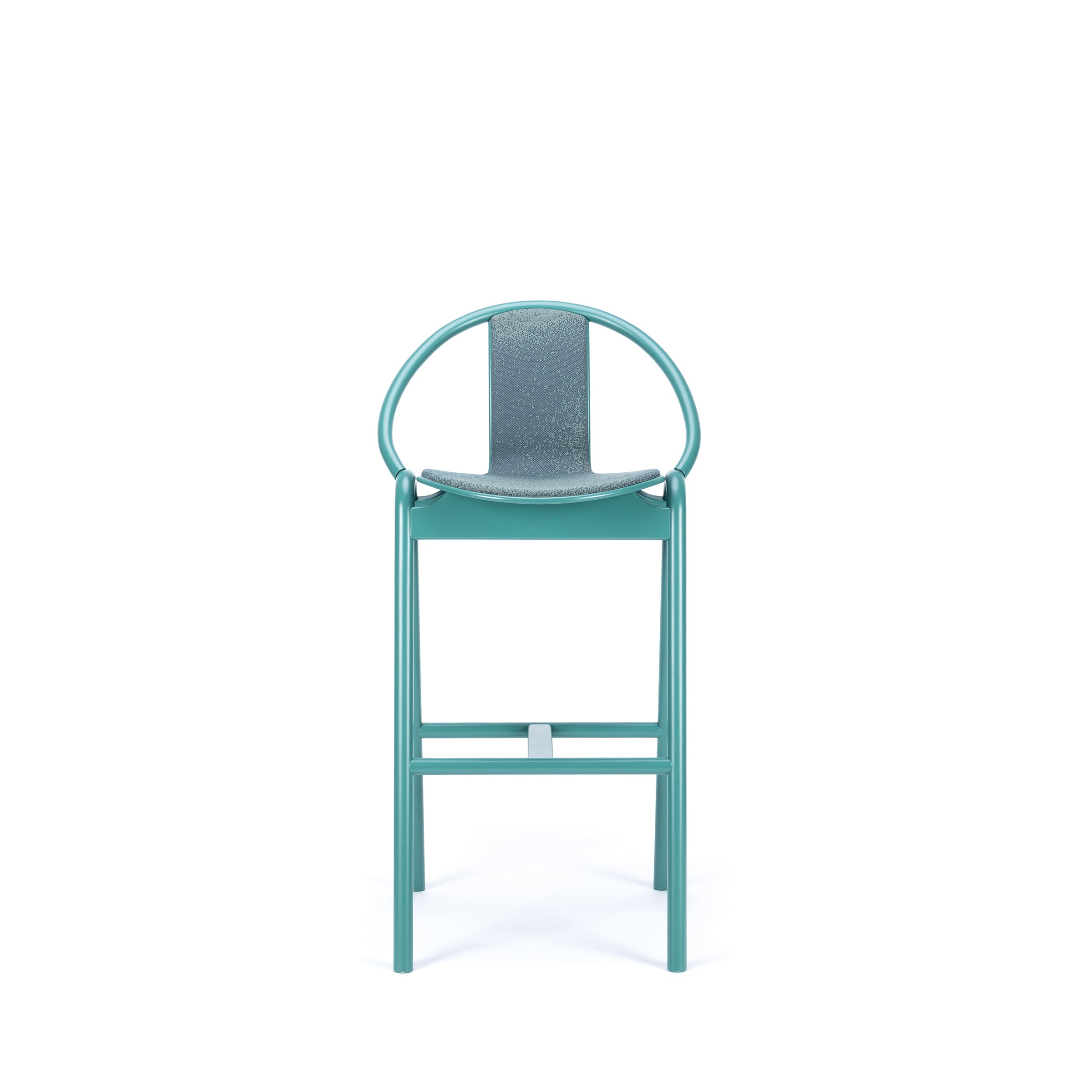 The Barstool Again Upholstered by TON features a modern teal hue, circular backrest, and cushioned seat with a sleek minimalist design, showcasing exceptional craftsmanship.
