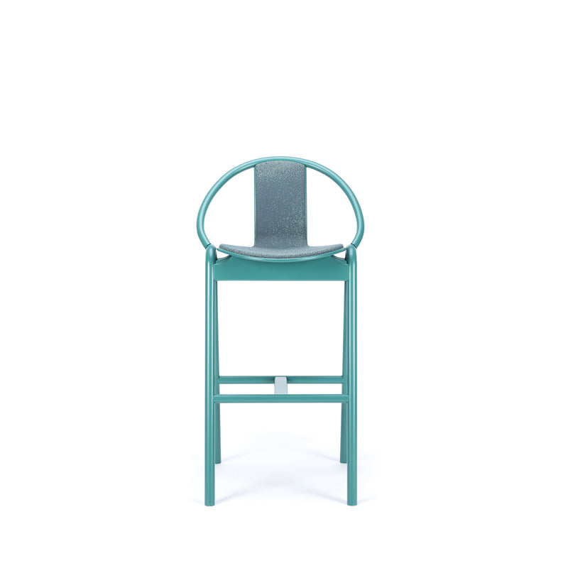 The Barstool Again Upholstered by TON features a modern teal hue, circular backrest, and cushioned seat with a sleek minimalist design, showcasing exceptional craftsmanship.