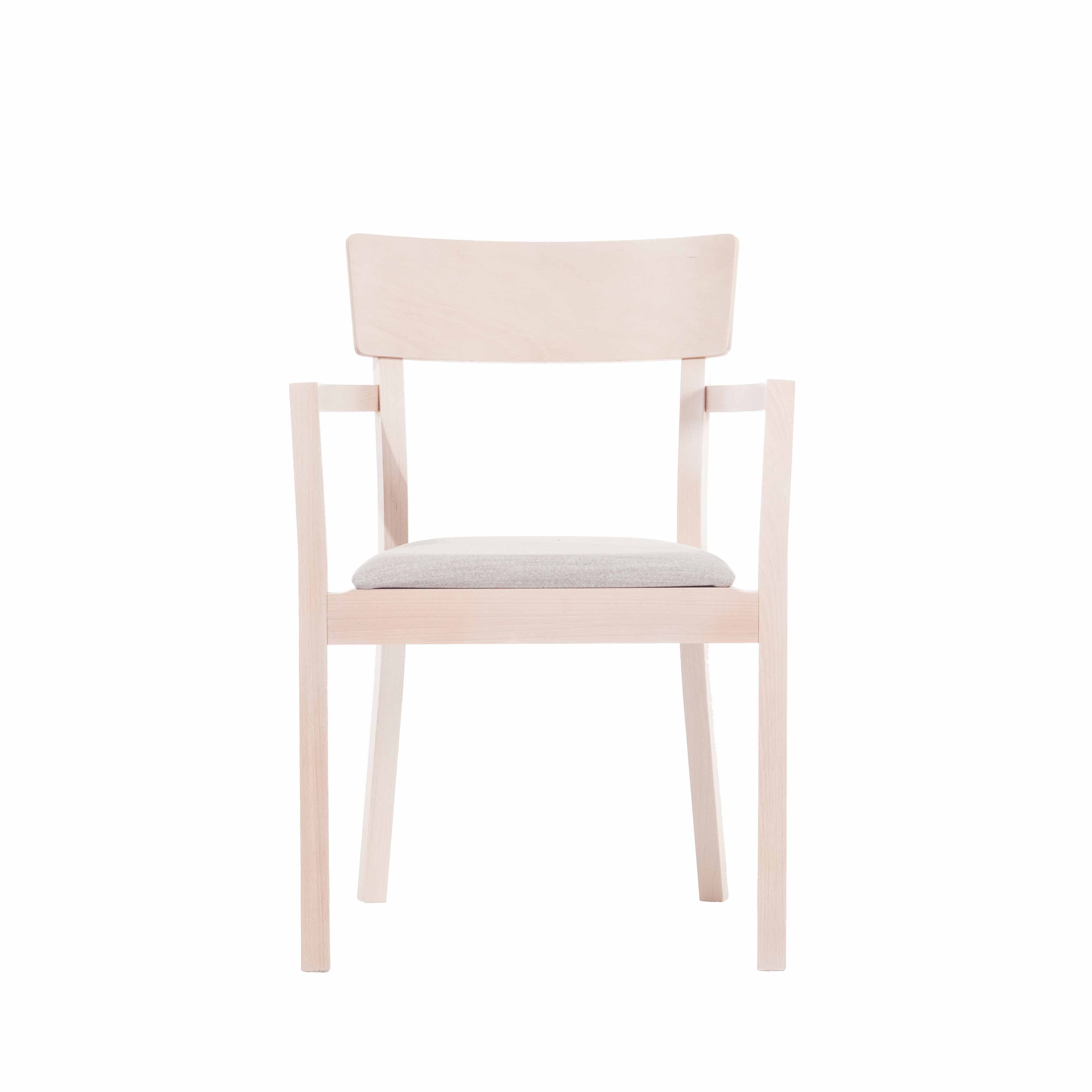 The Armchair Bergamo by TON is a modern masterpiece with a minimalist design. Crafted from beech wood, it features straight arms and legs, a rectangular backrest, and a beige cushioned seat, exuding subtle sophistication against a white backdrop.
