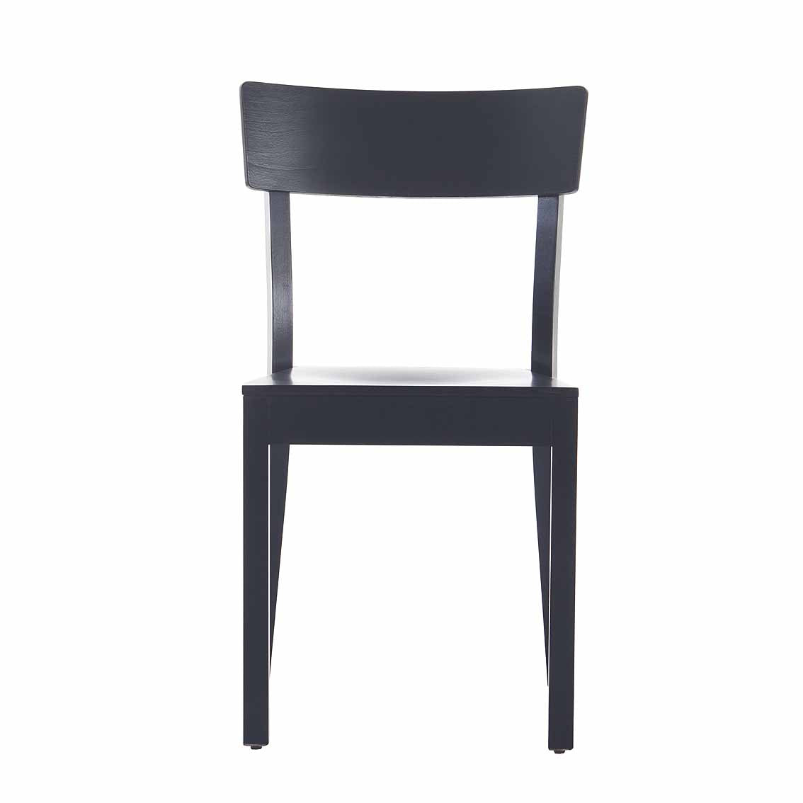 The Chair Bergamo by TON is a minimalist black wooden dining chair featuring a straight backrest and four square legs, showcased from the front against a white background.