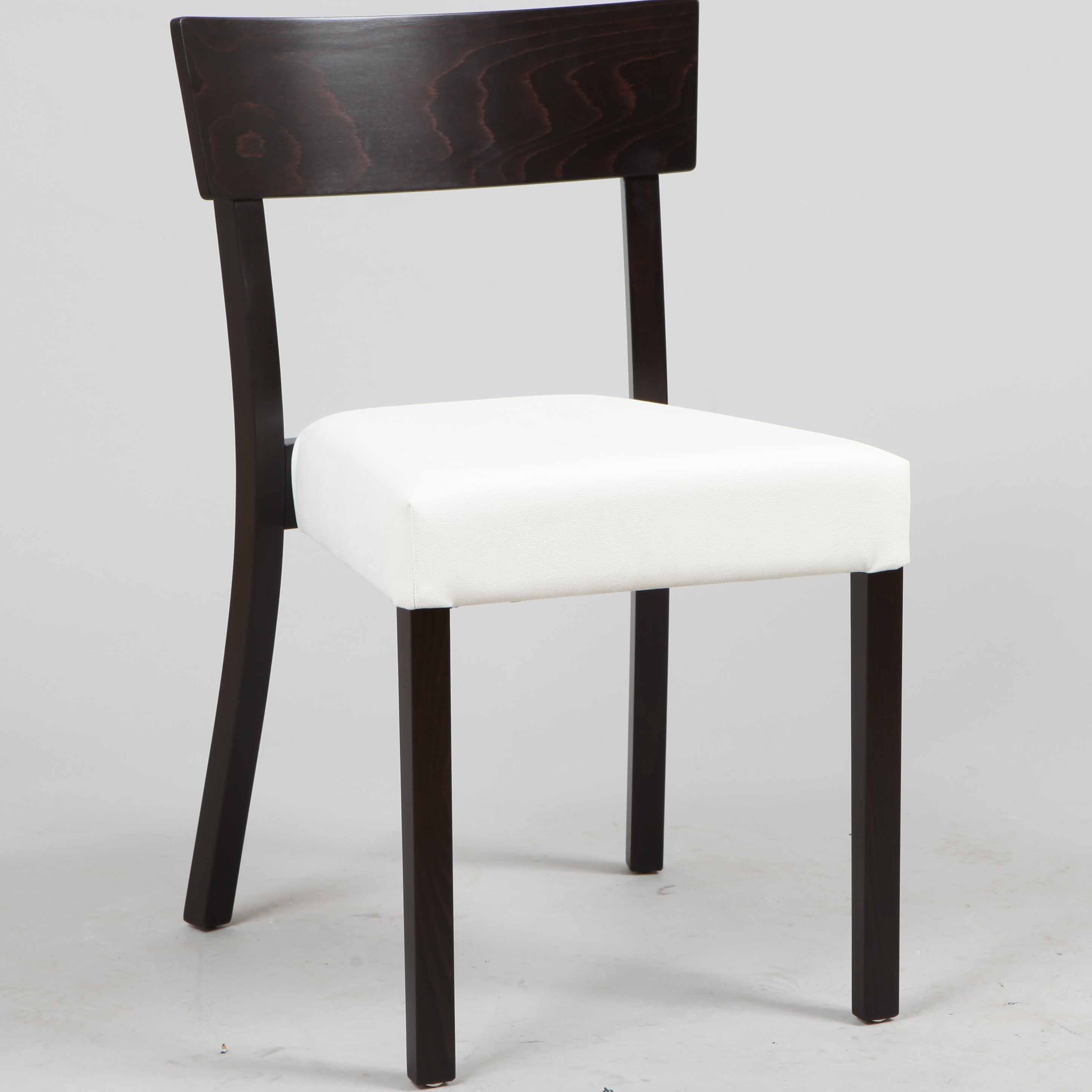The Chair Bergamo - Upholstered by TON is a stackable wooden dining chair with a dark brown frame and white cushioned seat. Made from bent plywood, it has a straight backrest and four legs, set against a plain gray background.