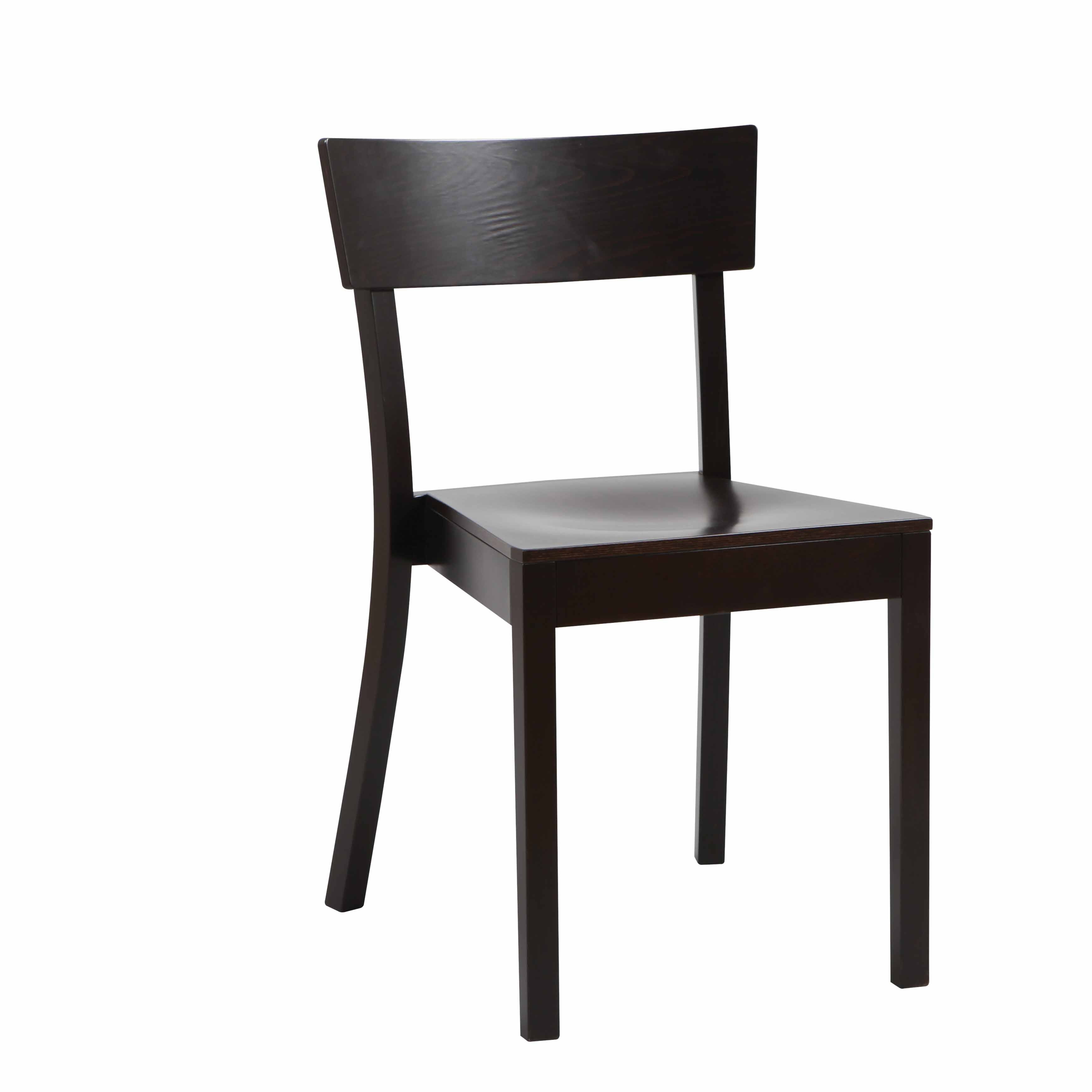 The Chair Bergamo - Upholstered by TON is a minimalistic, dark brown dining chair crafted from bent plywood, featuring a straight backrest and no armrests. It has four straight legs and a flat seat, all showcased against a white background.