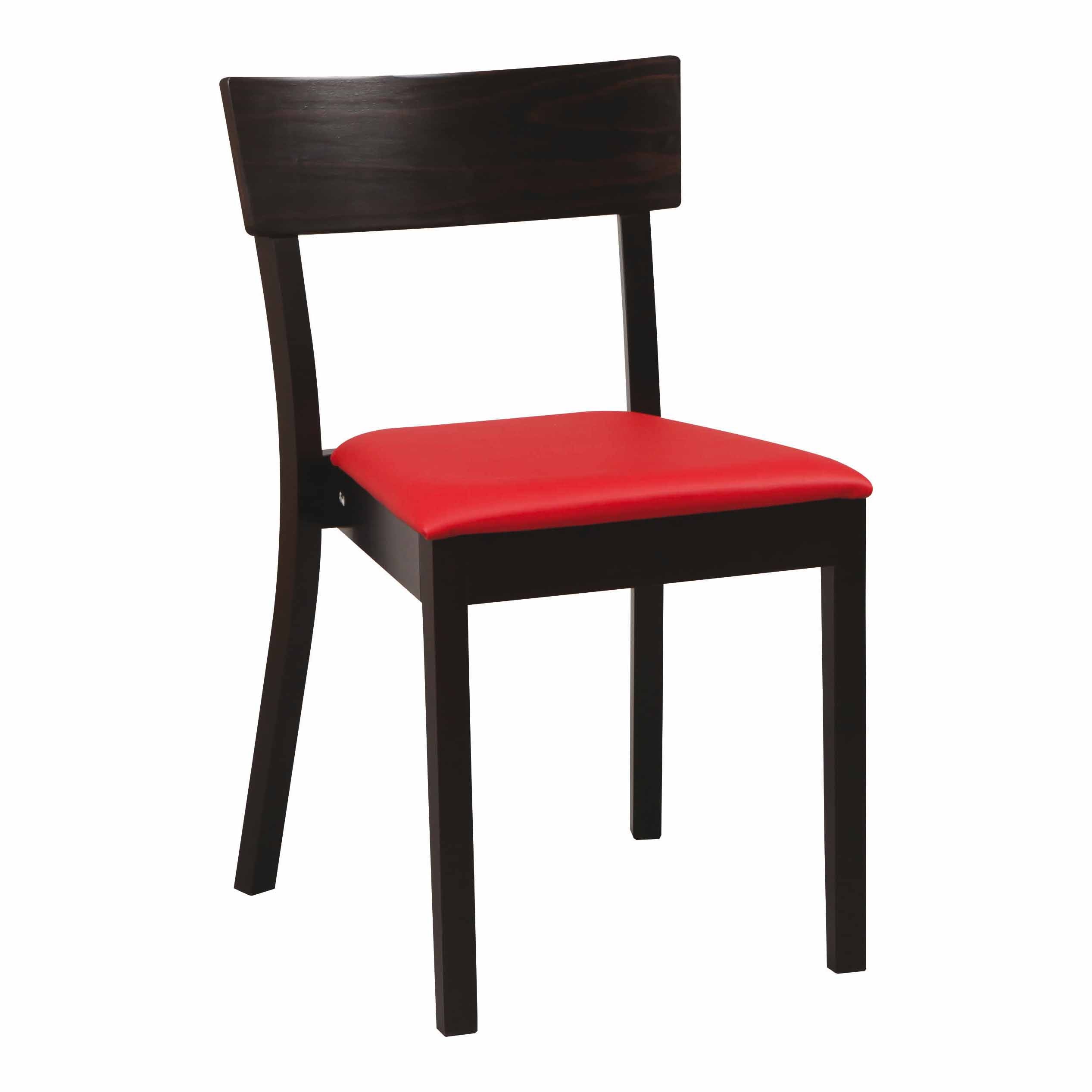 The Chair Bergamo - Upholstered, by TON, features a simple modern design with a dark brown bent plywood frame and a bright red cushioned seat.
