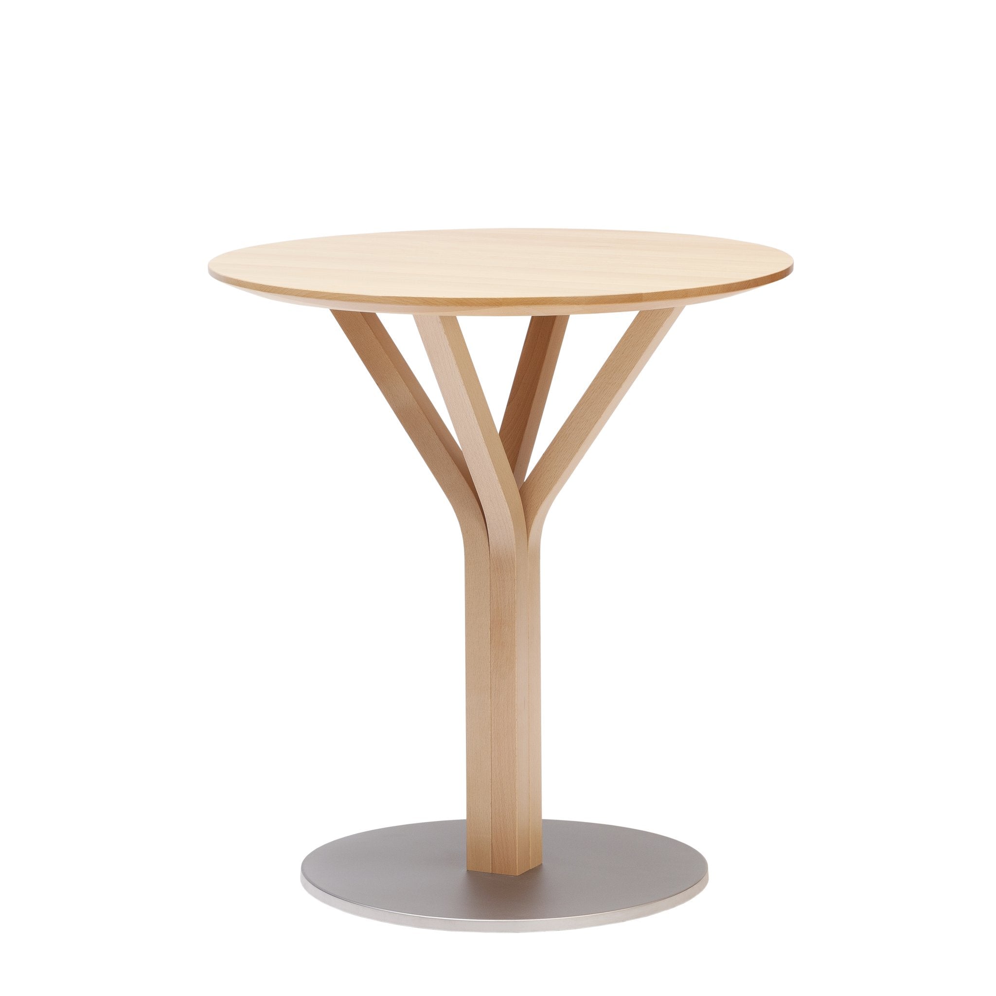 The Bloom Bistro Table Round by TON is a light wooden pedestal table featuring a unique branching leg design extending from a circular base. Crafted in solid wood, its natural finish and modern style stand out beautifully against a white background.