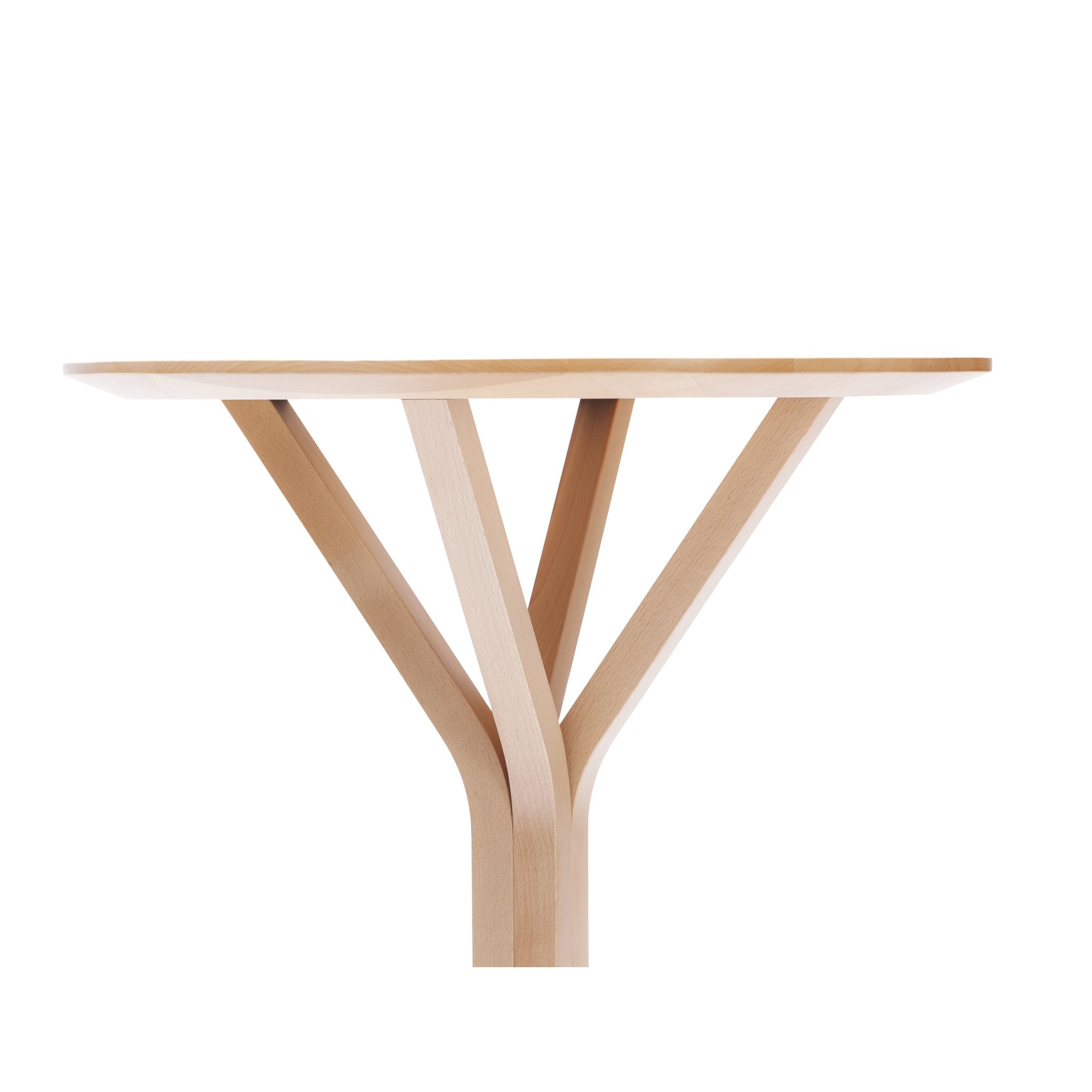 The Bloom Bistro Table Round by TON features a solid wood round top and a unique sculptural base with three angled supports converging at the center, offering a minimalist, modern design similar to the elegance of Bloom small tables.