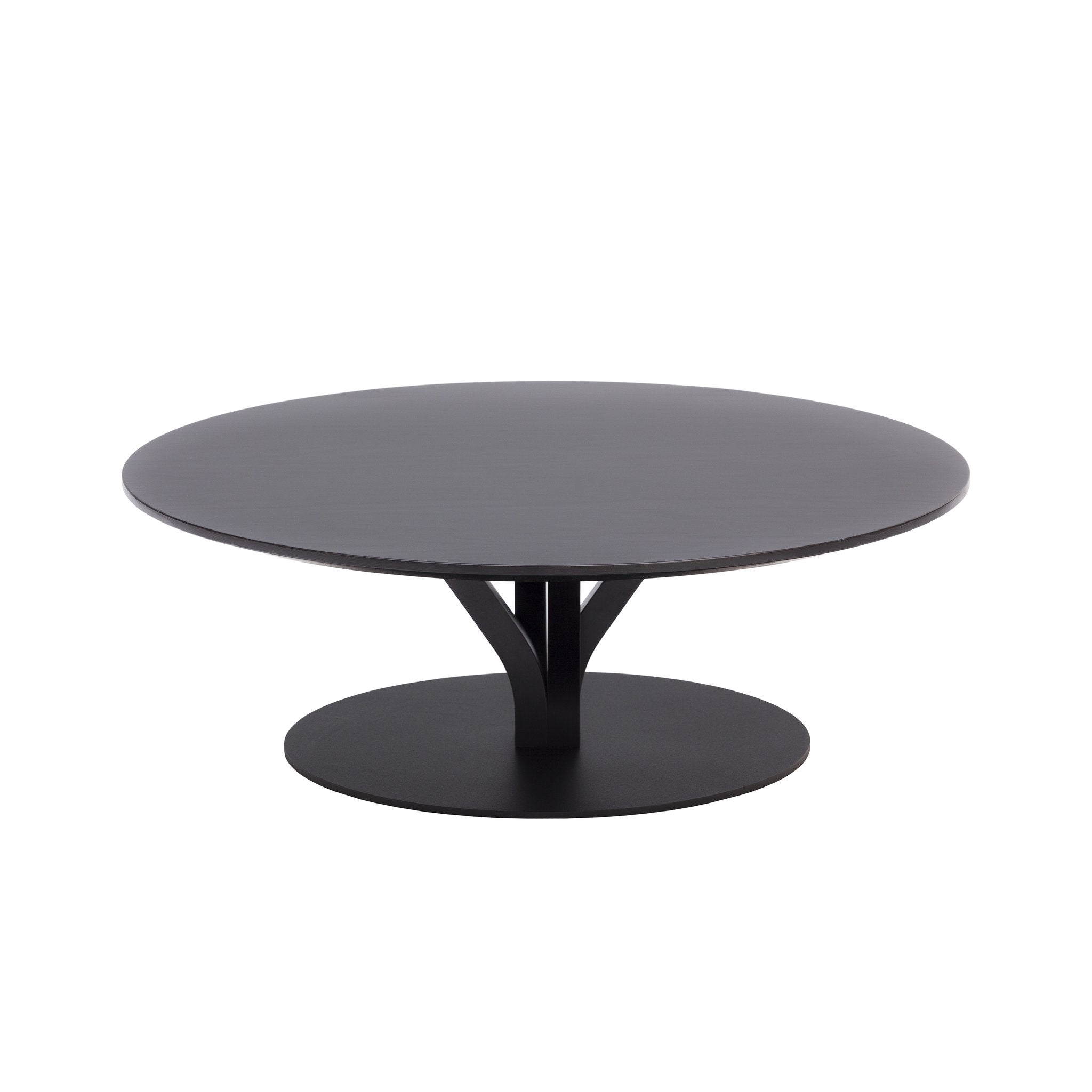 The Bloom Coffee Table by TON features a sleek, black, round design with a smooth solid wood surface. It includes a thick central support on a circular base, embodying modern and minimalist aesthetics.