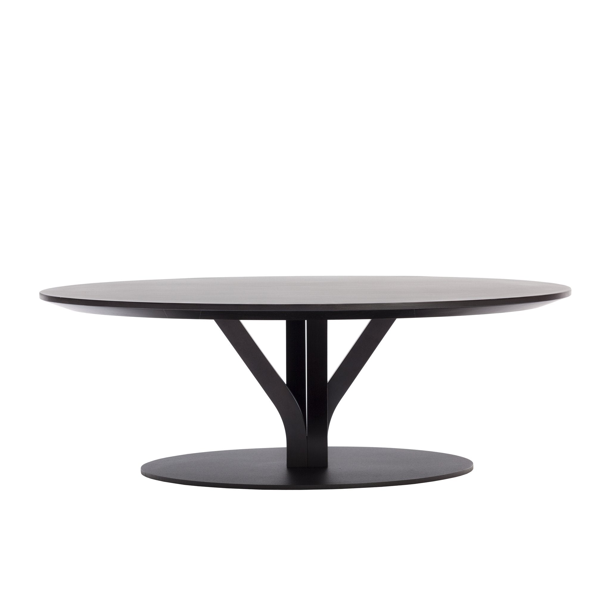 The Bloom Coffee Table by TON is a modern, round piece crafted from solid wood, featuring a sleek circular top and unique Y-shaped center connected to a large flat base—perfect for those seeking stylish and functional small tables.