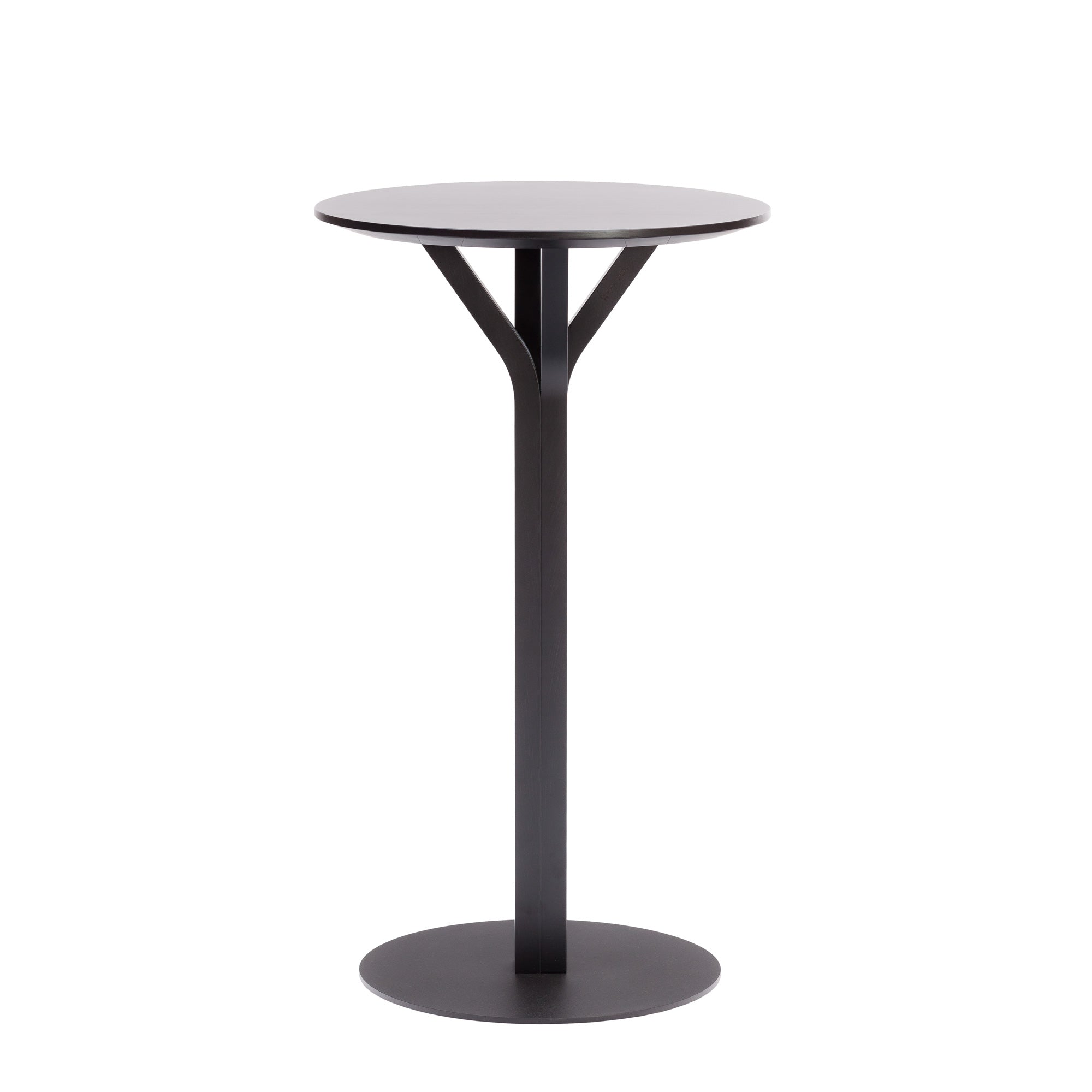 The Bloom Bar Table Round by TON boasts a sleek, modern design with a black metal base and solid wood top. Its single curved support elegantly branches out to hold the tabletop, making it perfect for small spaces and modern décor.