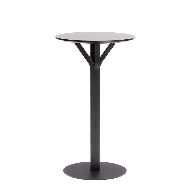 The Bloom Bar Table Round by TON boasts a sleek, modern design with a black metal base and solid wood top. Its single curved support elegantly branches out to hold the tabletop, making it perfect for small spaces and modern décor.