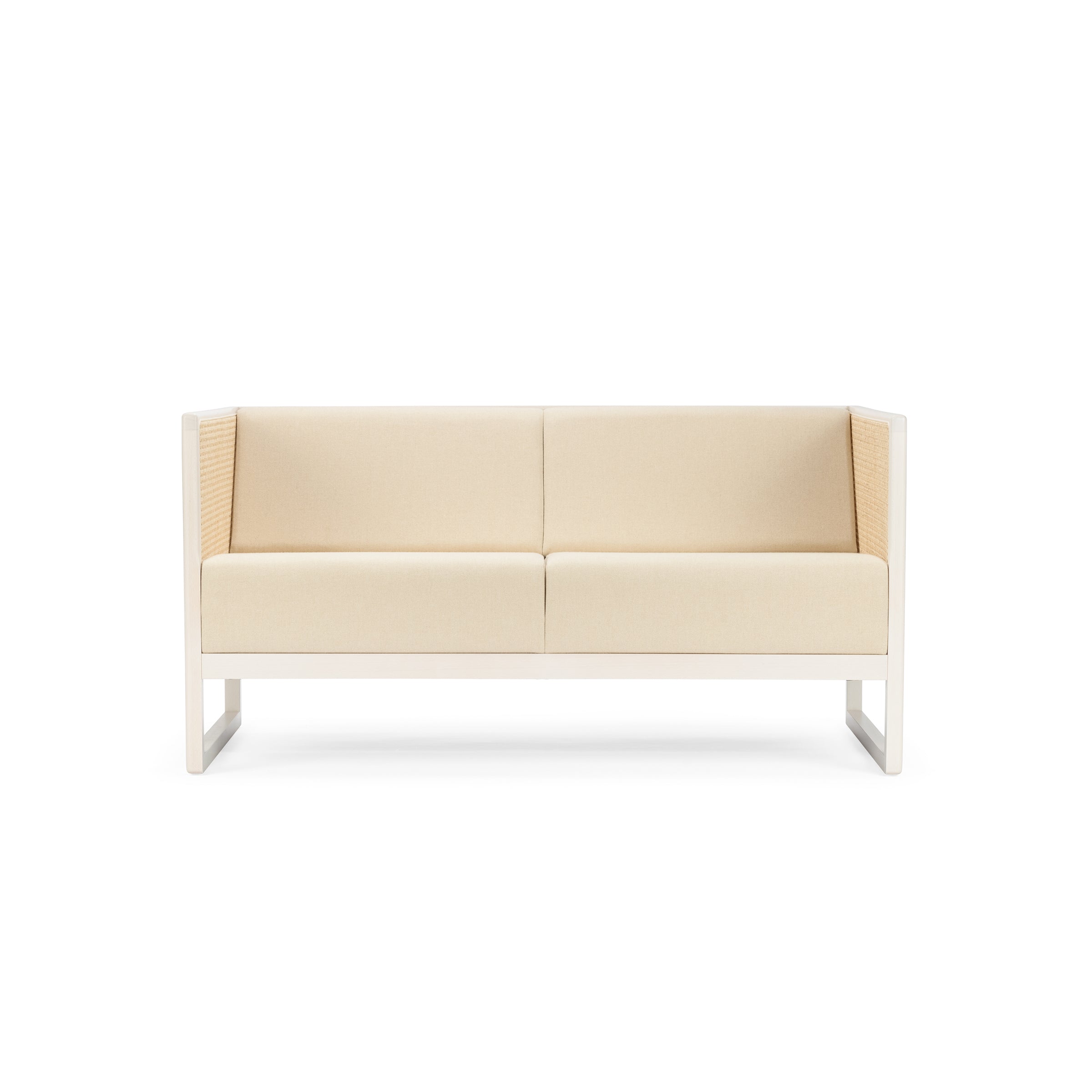 The TON Casablanca Sofa, with its minimalist design, features a beige finish, cane weave armrests, and a wooden frame. It includes two seat cushions and clean lines that echo the elegance of the Casablanca set, all showcased against a white background.