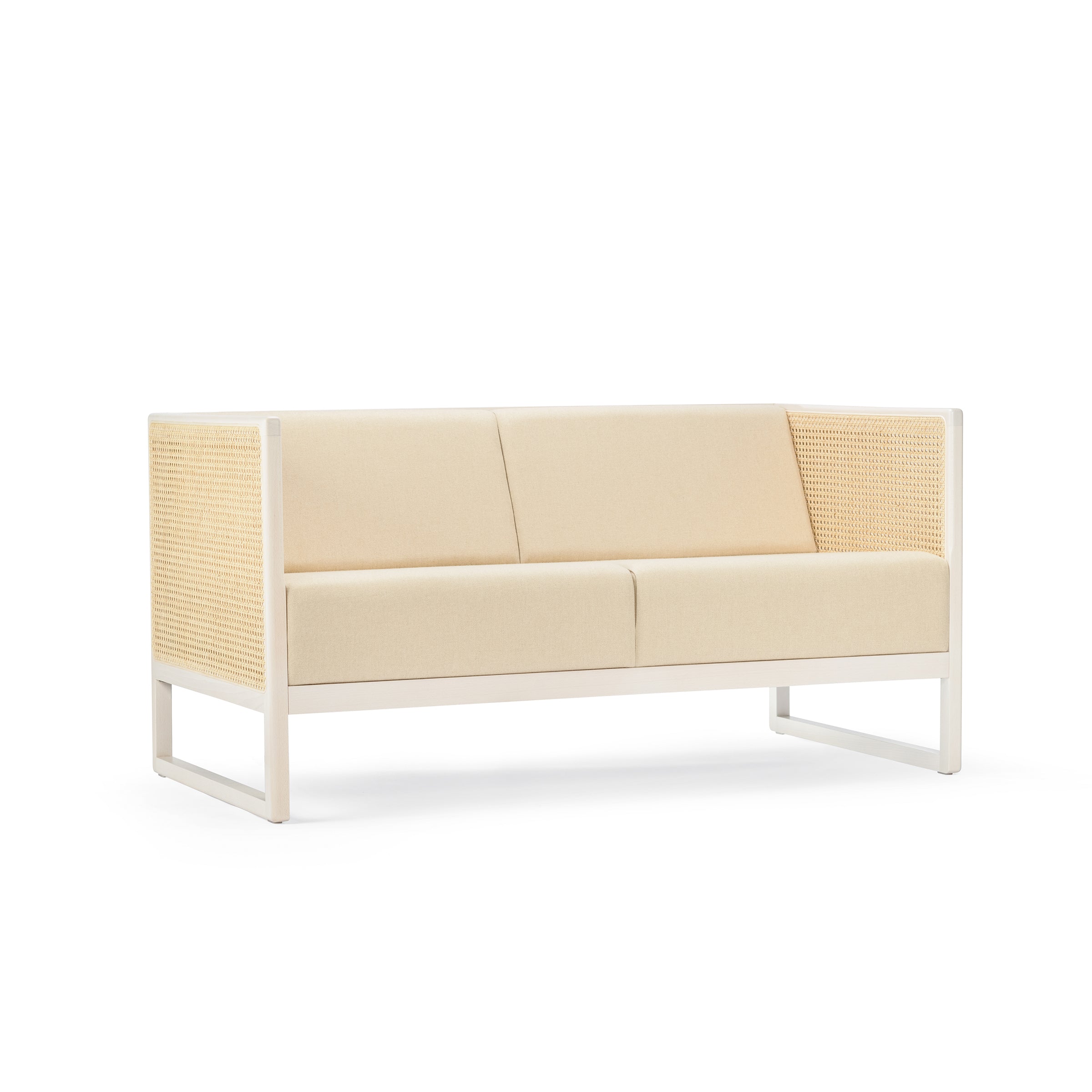 The TON Casablanca Sofa showcases a modern, minimalist design with a wooden frame and cane weave armrests. Set against a plain white background, its clean lines and beige color offer a contemporary elegance, complementing the Casablanca set perfectly.