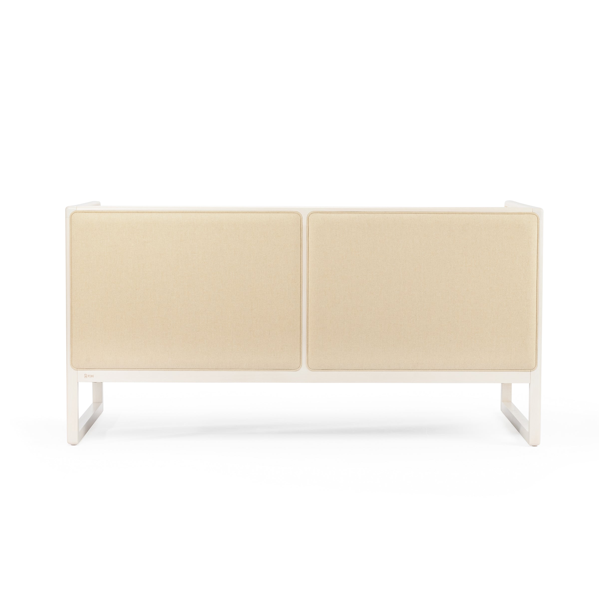 A beige sideboard with two large panels, framed by white wood and flat legs, is inspired by the Casablanca set. Its minimalist design perfectly complements any lounge armchair or cane weave decor. Part of the Casablanca Sofa collection by TON.