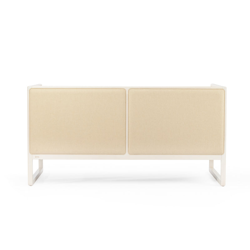 A beige sideboard with two large panels, framed by white wood and flat legs, is inspired by the Casablanca set. Its minimalist design perfectly complements any lounge armchair or cane weave decor. Part of the Casablanca Sofa collection by TON.