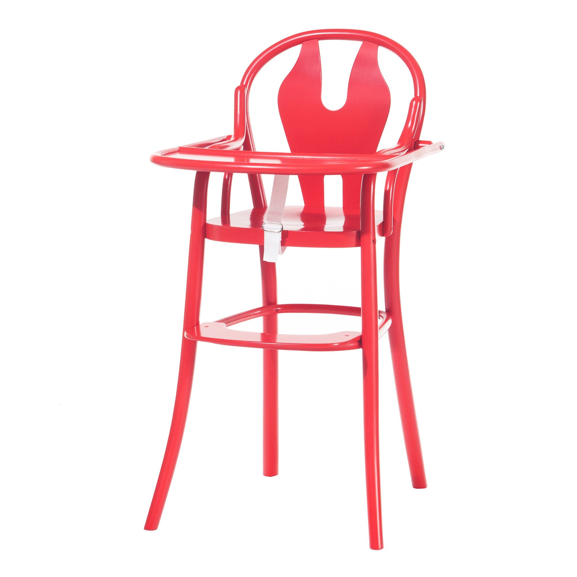The Childrens Chair Petit 114 by TON is a vibrant red modern high chair with a round back, safety belt, footrest, curved metal legs, and a removable tray for convenience.