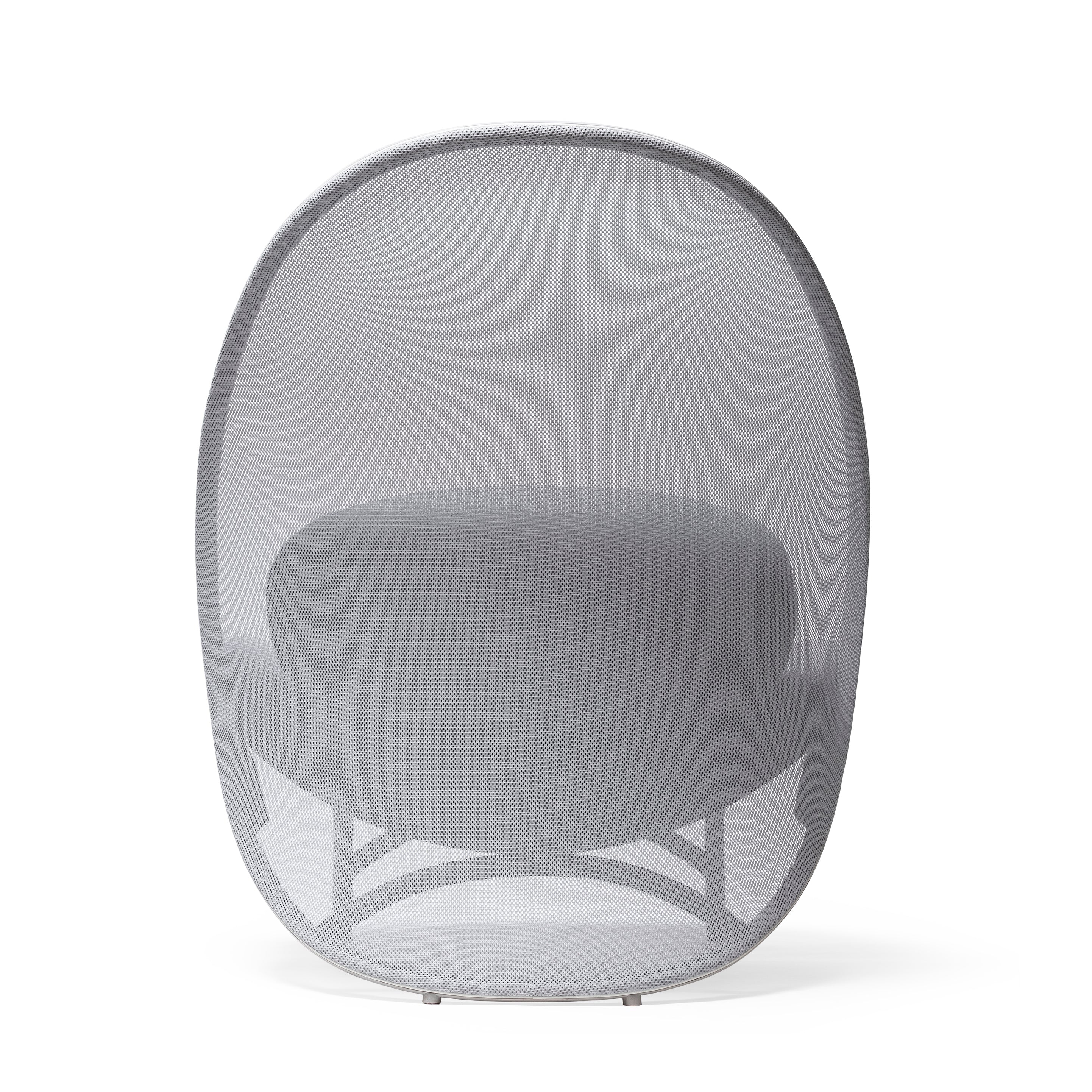 The Lounge Chair Chips - Sale by TON features a modern design with a rounded, mesh-like backrest made of manually-bent wood and a round cushioned seat. Its sleek, light grey finish highlights contemporary aesthetics, blending style and comfort seamlessly for any chic interior.