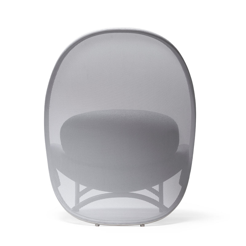 The Lounge Chair Chips - Sale by TON features a modern design with a rounded, mesh-like backrest made of manually-bent wood and a round cushioned seat. Its sleek, light grey finish highlights contemporary aesthetics, blending style and comfort seamlessly for any chic interior.