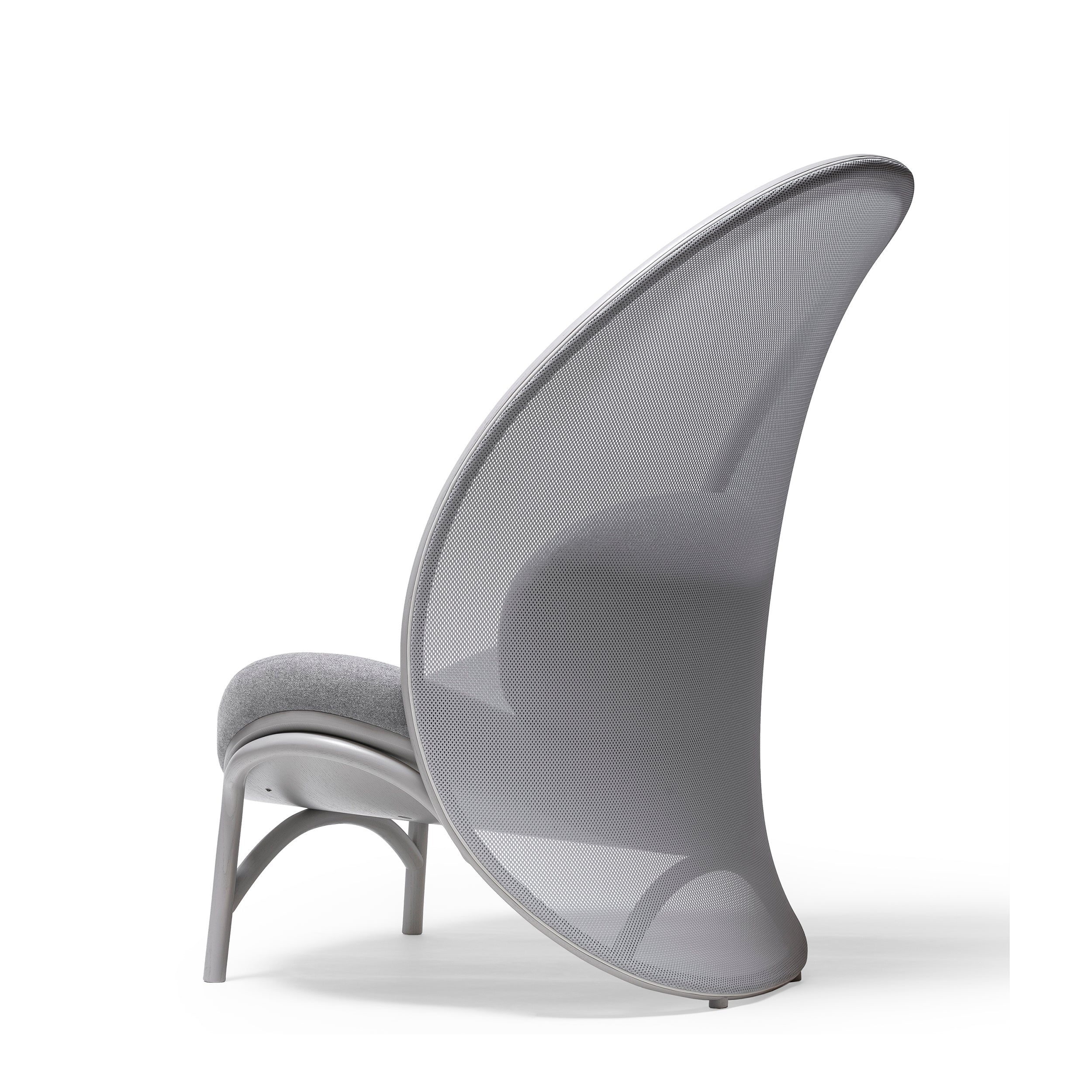 Discover the Lounge Chair Chips by TON, a modern marvel featuring a sail-like curved backrest. Its metallic gray frame and light gray fabric upholstery exude minimalist elegance with flowing lines. Now on sale!.