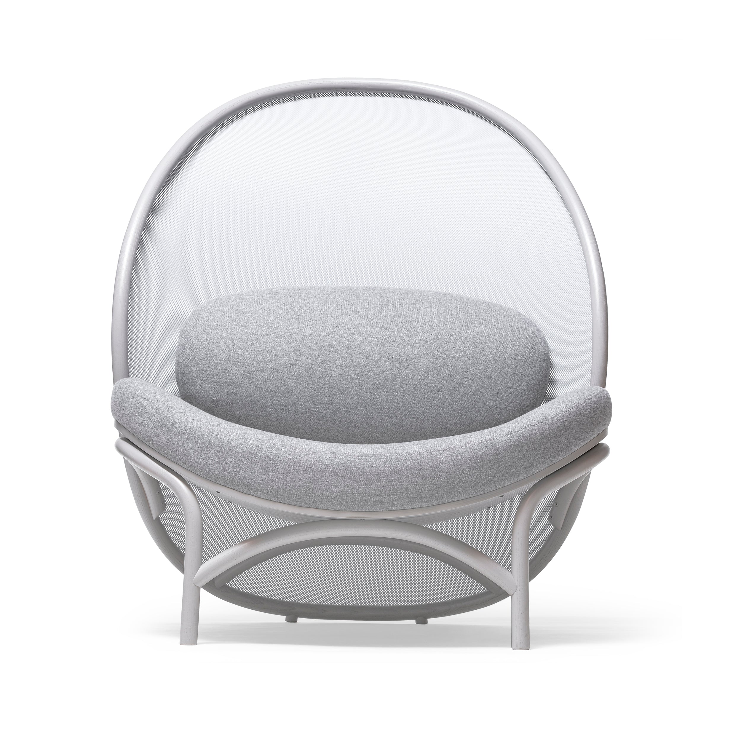 The Lounge Chair Chips - Sale by TON features a circular frame and mesh design with manually-bent wood accents, a cushioned rounded seat and backrest in light gray fabric, and a sleek white structure that offers a contemporary and stylish appearance.