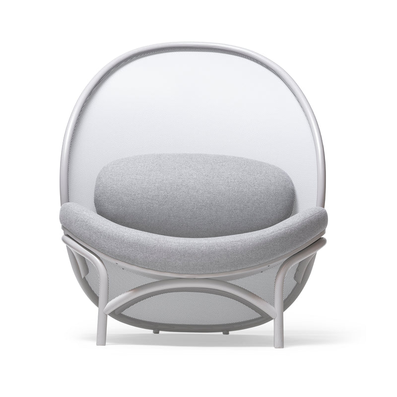 The Lounge Chair Chips - Sale by TON features a circular frame and mesh design with manually-bent wood accents, a cushioned rounded seat and backrest in light gray fabric, and a sleek white structure that offers a contemporary and stylish appearance.