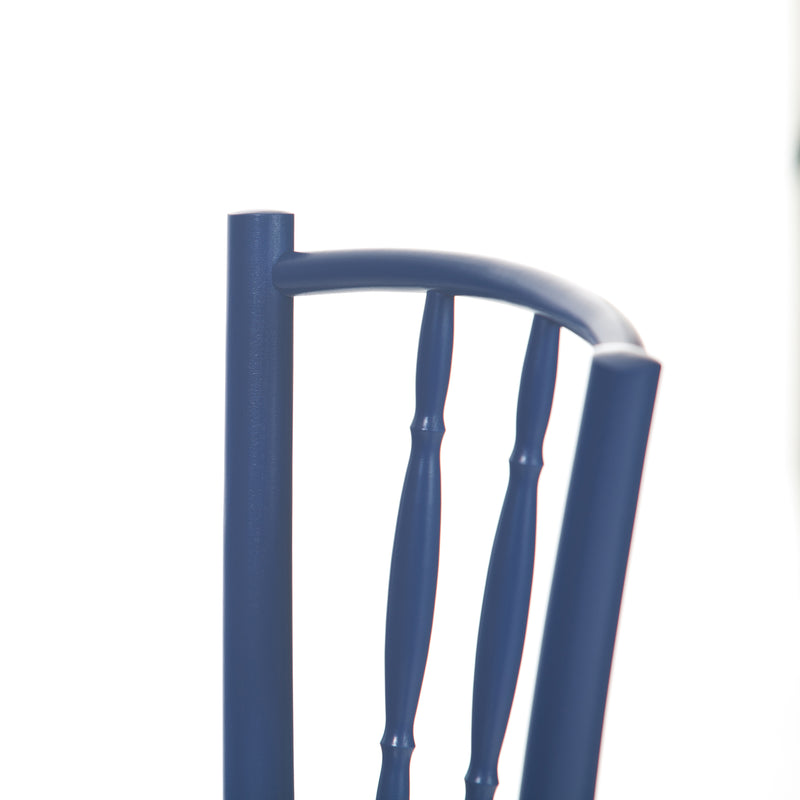 Close-up of the blue bent beechwood Chair Dejavu 378 - Cane by TON, featuring vertical spindles and a curved top rail against a white background, emphasizing its strength and stability.