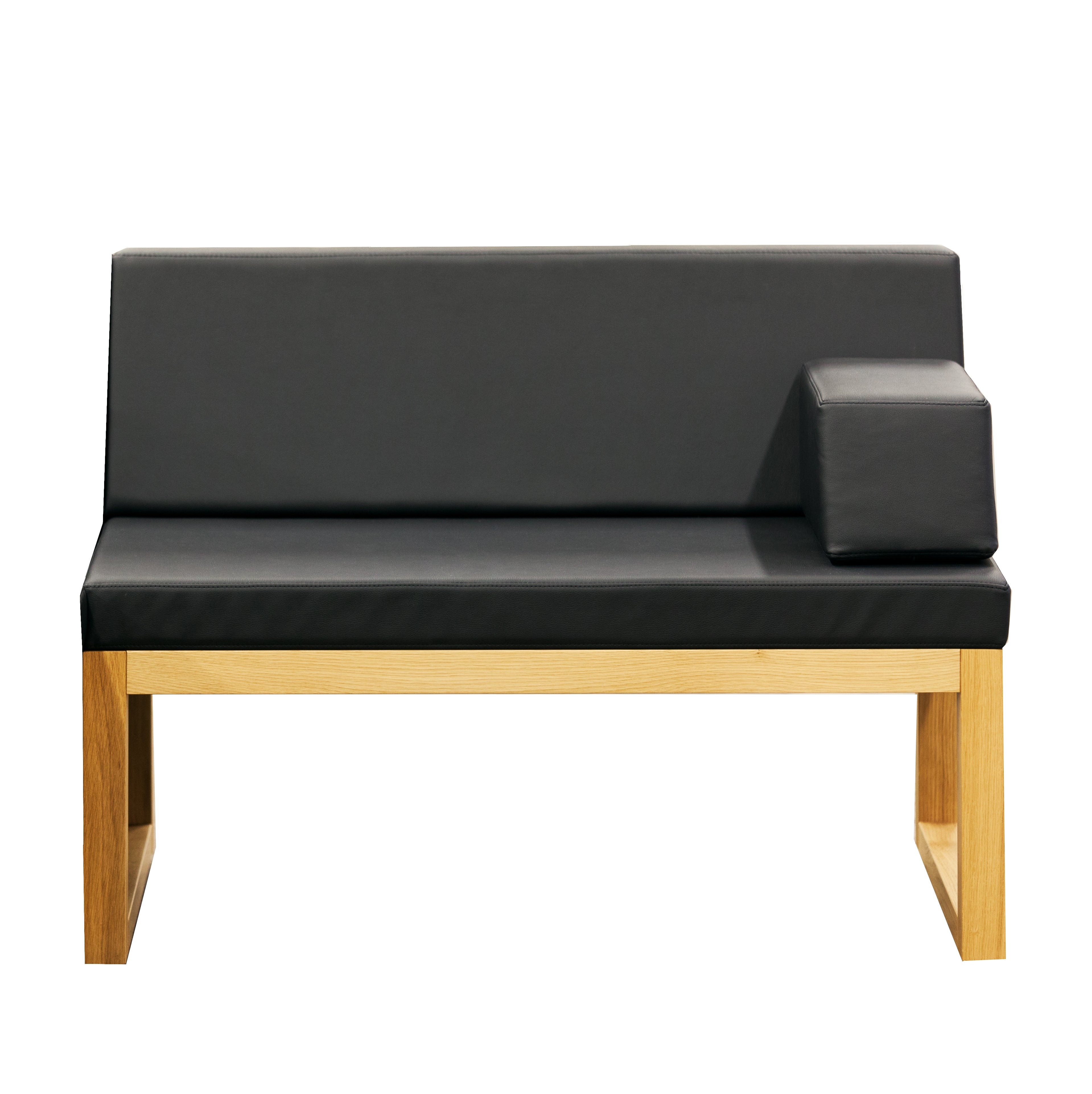 The Bench Diner from TON, designed by Kai Stania, is a sleek black leather bench with a wooden base. It features a single leather cushion as an armrest, adding elegance and functionality. Its perfect for modular bench systems and stands out beautifully against a white backdrop.