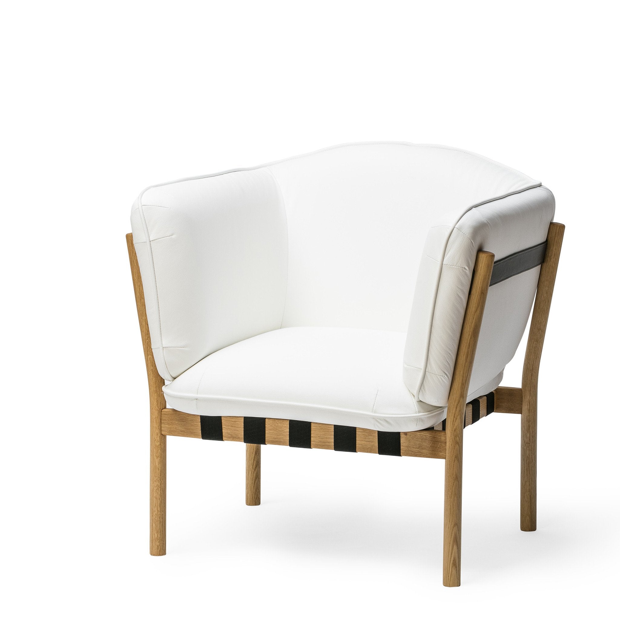 Discover the Dowel Lounge Chair by TON, a modern marvel with plush white cushions on a sleek wooden frame. Black straps add sophistication to its minimalist design, while the comfortable upholstery and inviting touch enhance any solitaire interior setting.