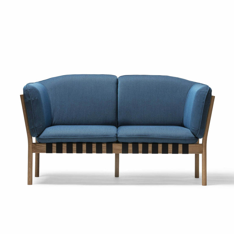 The Dowel Two-Seater by TON is a stylish living room settee featuring a modern wooden frame, angular wooden armrests, and blue upholstered seat and backrest cushions for contemporary comfort.