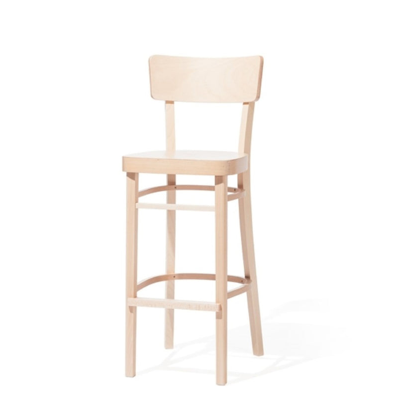 The Barstool Ideal by TON features a minimalist design with a light beech finish, rectangular backrest, flat seat, and four straight legs connected by support bars for a modern look.