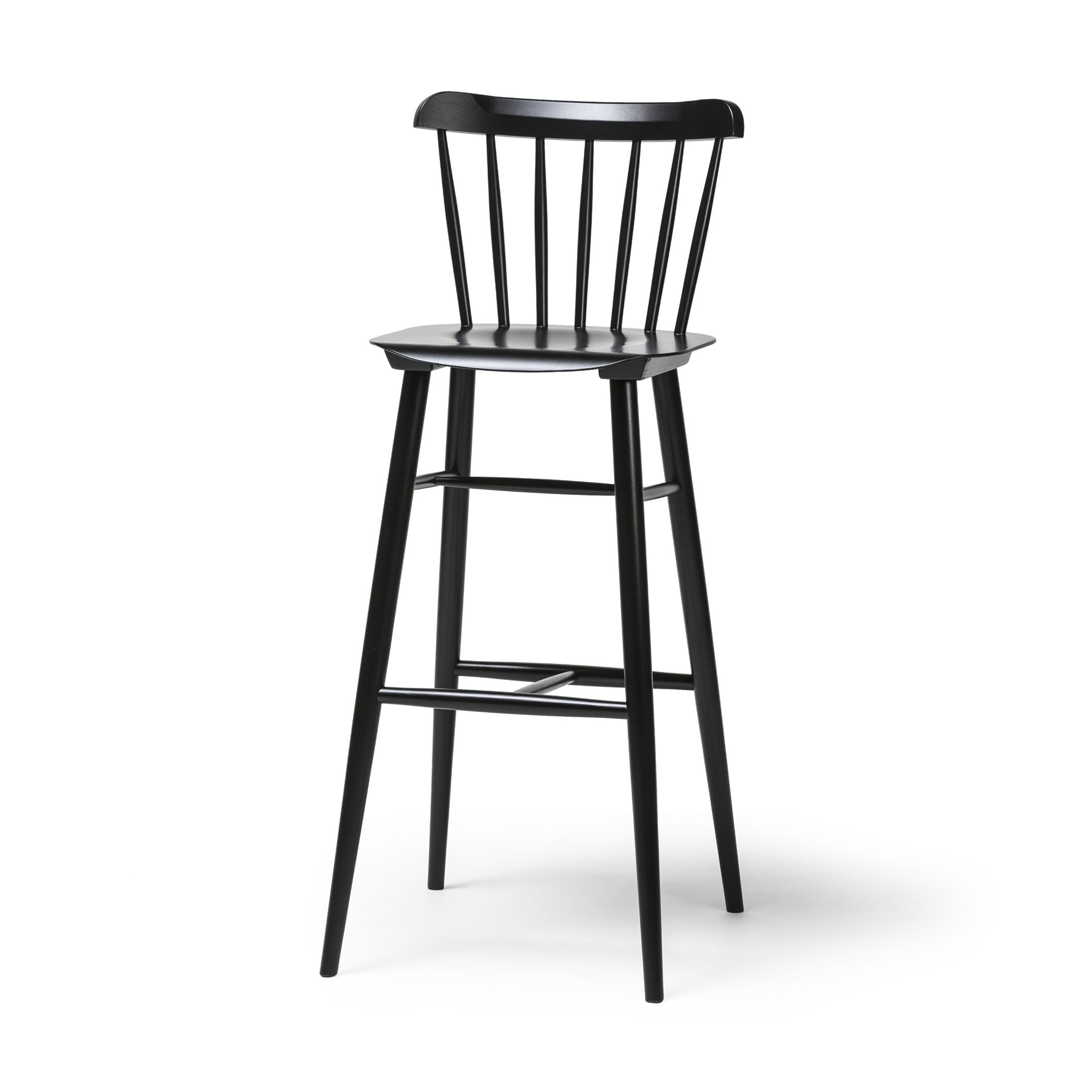 Introducing the TON Barstool Ironica—a minimalist, black beech and oak barstool with a high backrest featuring vertical slats, four tapered legs, a footrest between the front legs, and hand-finished dowels for an elegant touch.
