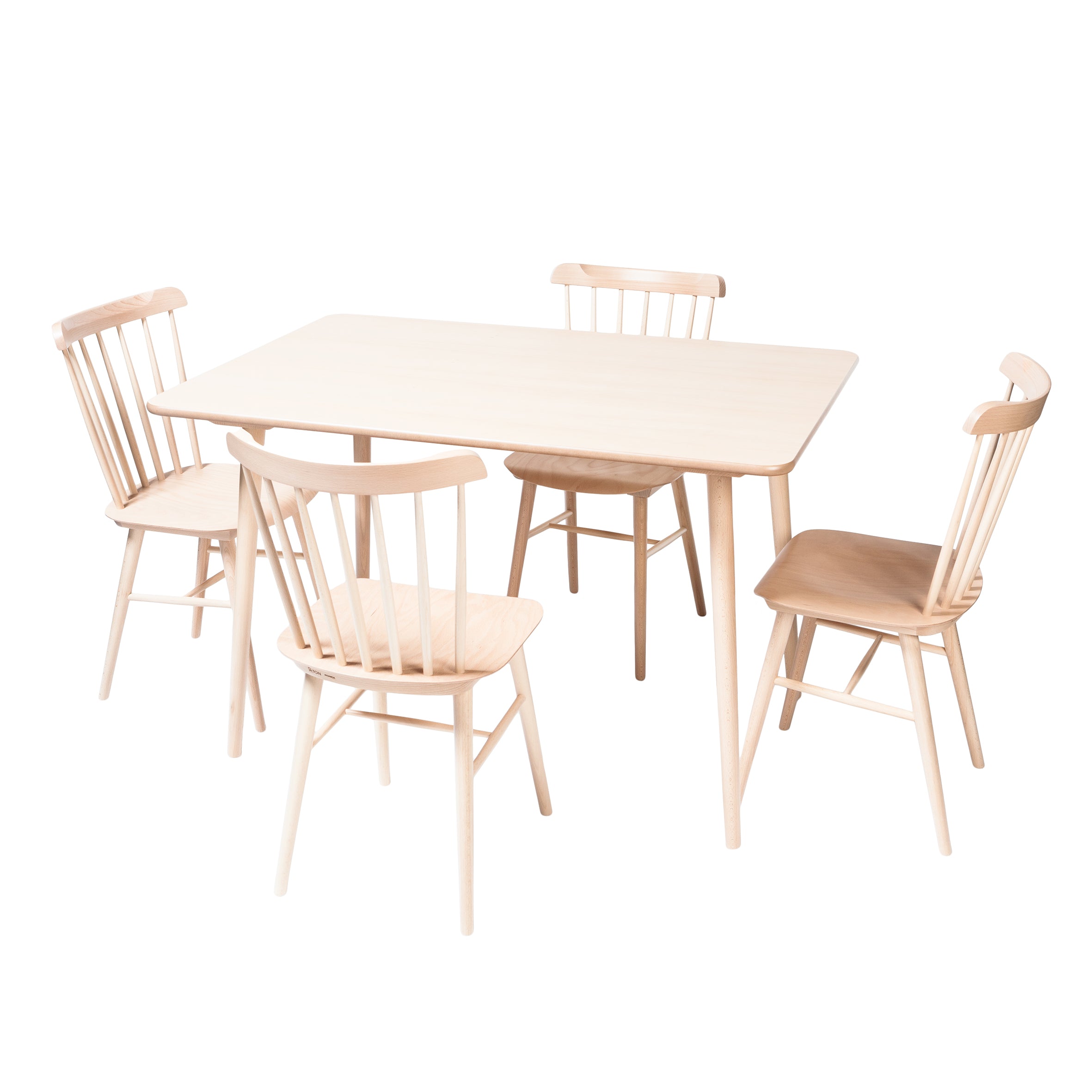 The TON Table Ironica set includes a solid beech rectangular dining table with slightly tapered legs, accompanied by four matching chairs featuring curved backs and vertical slats, all presented against a plain white background with a touch of retro style.