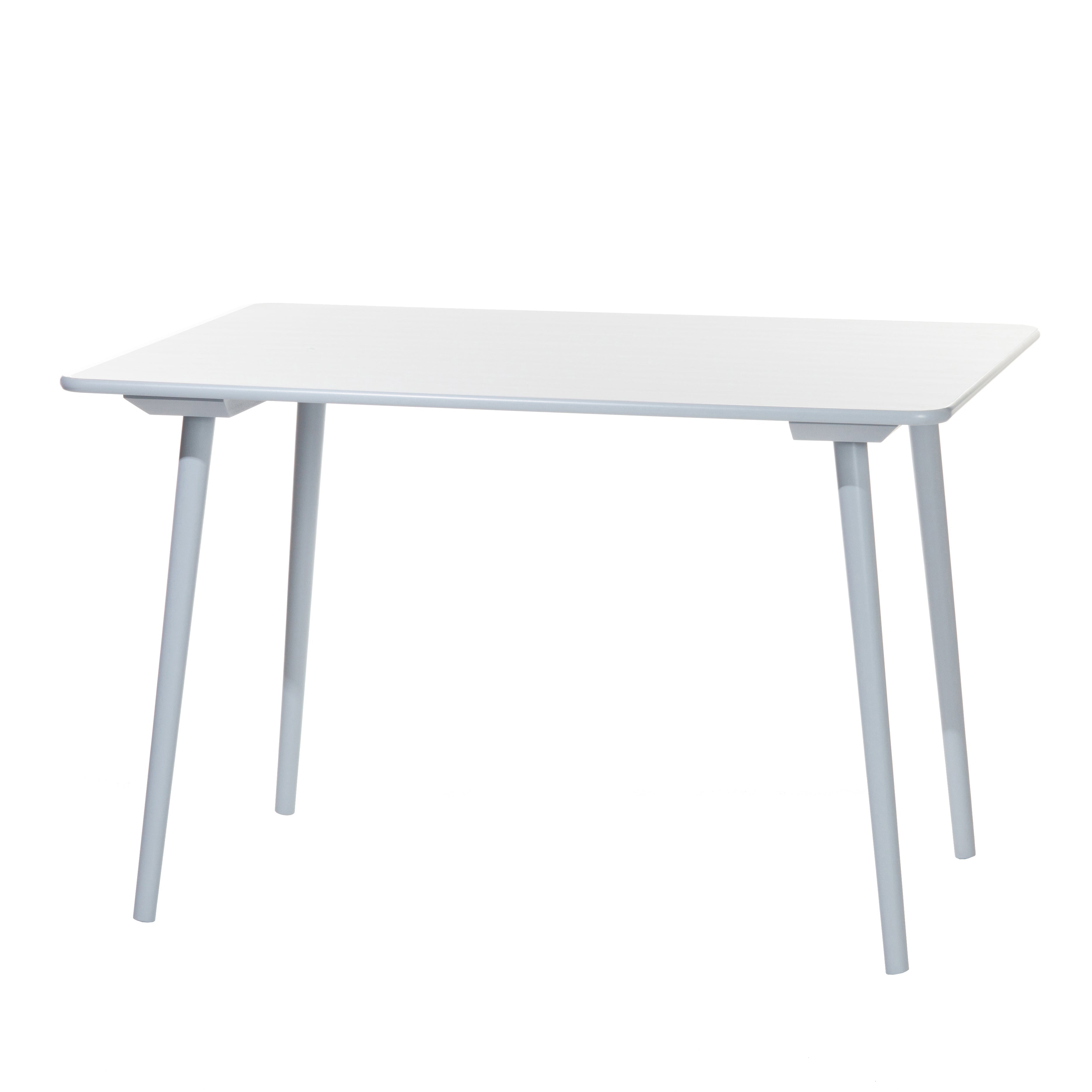 The Table Ironica by TON, a minimalist white rectangular table with four slender, slightly angled solid beech legs, exudes a retro style against a plain white background.