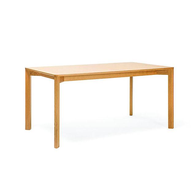 The Lasu table by TON is a simple rectangular dining table featuring a smooth veneer surface and four straight legs. With its natural light brown finish, its ideal for cozy family dinners or enhancing a conference room. Displayed against a plain white background, it exudes elegance and versatility.