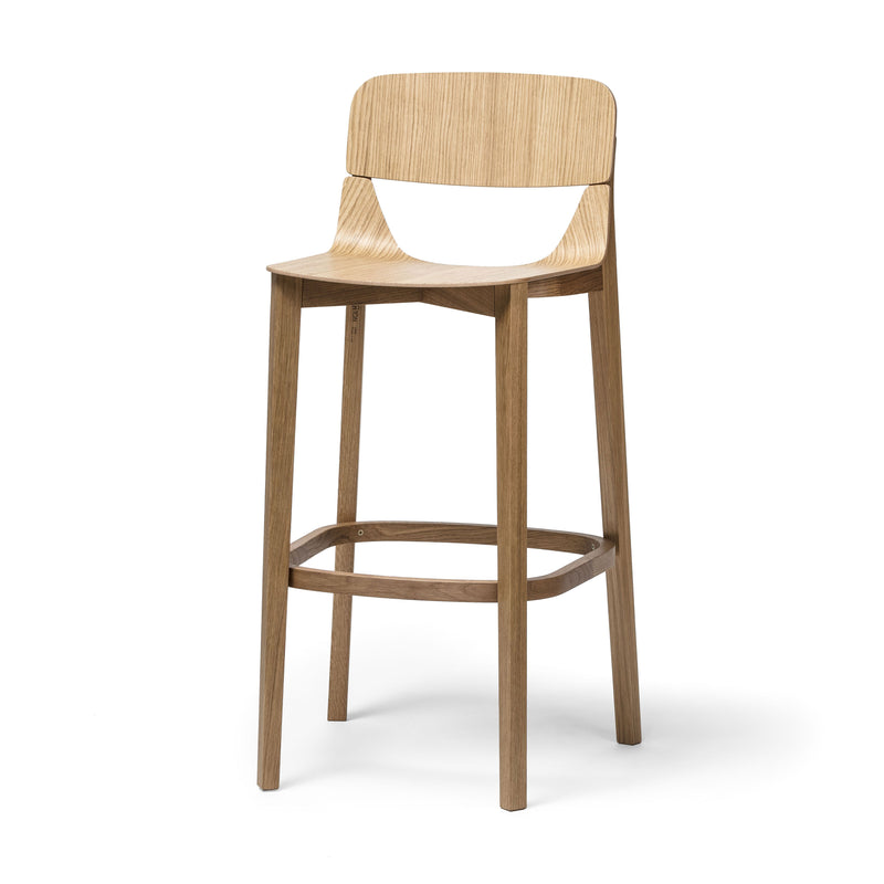 The Barstool Leaf with Backrest by TON is a tall wooden stool with a curved backrest and footrest, offering ergonomic comfort. Its natural light wood finish and clean lines create a modern, minimalist look against a plain white background.