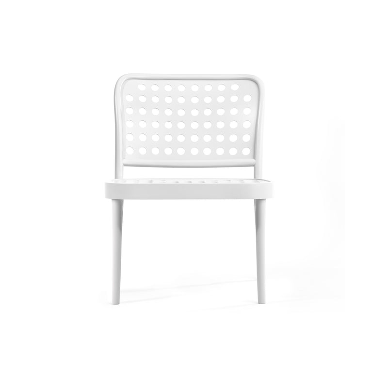 The Lounge Chair 822 by TON combines Scandinavian minimalism with a modern look. It features a perforated backrest and seat, simple lines, and four straight legs, demonstrating TONDesigner Studios expertise against a white background.